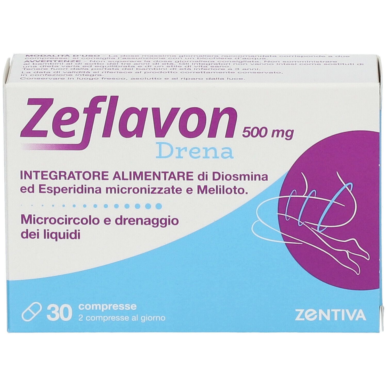 Scatola di Zeflavon Drena 500 mg, 30 compresse. Confezione bianca e blu con dettagli viola. Logo Zentiva.