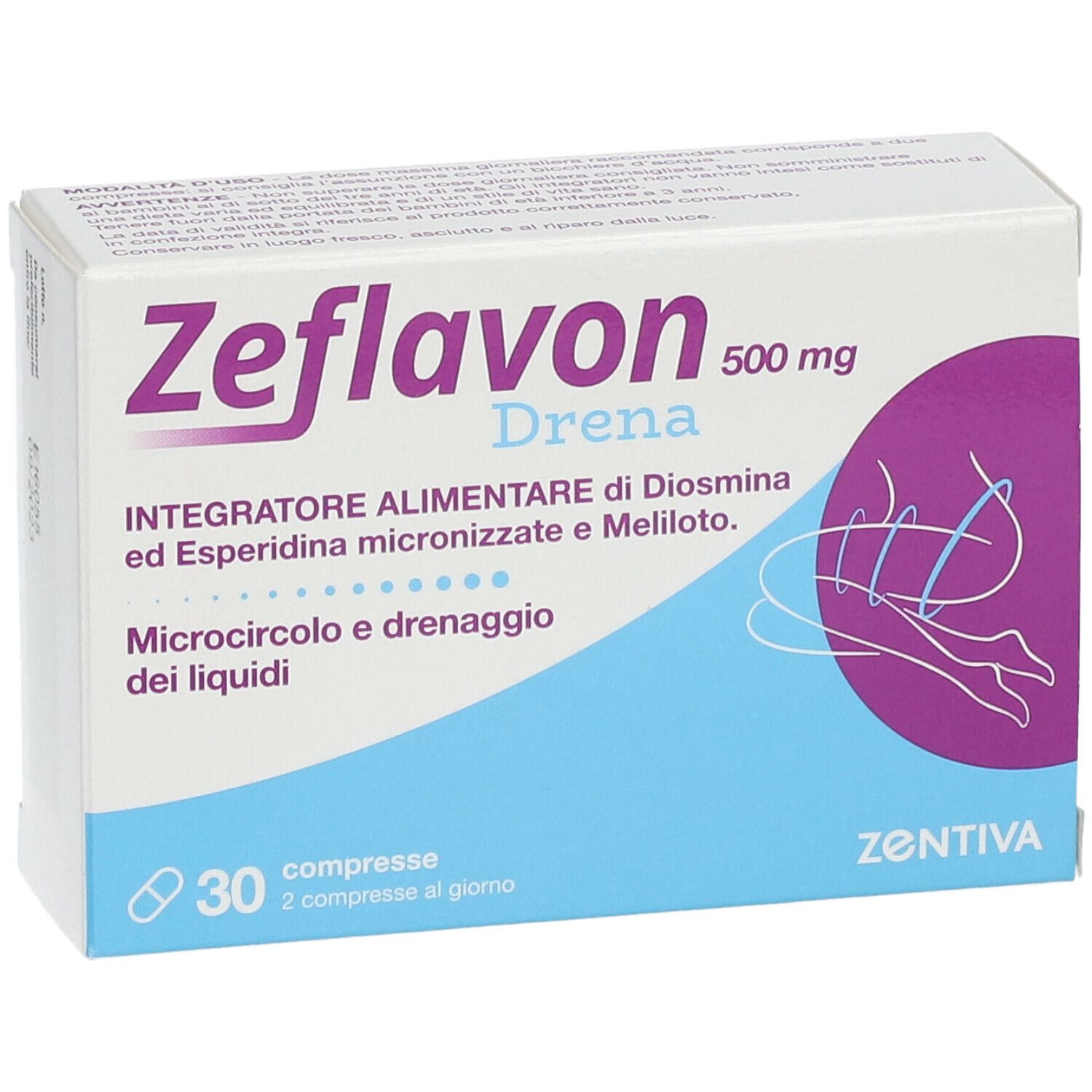 Scatola di Zeflavon Drena 500 mg, 30 compresse. Confezione bianca e blu con dettagli viola. Logo Zentiva.