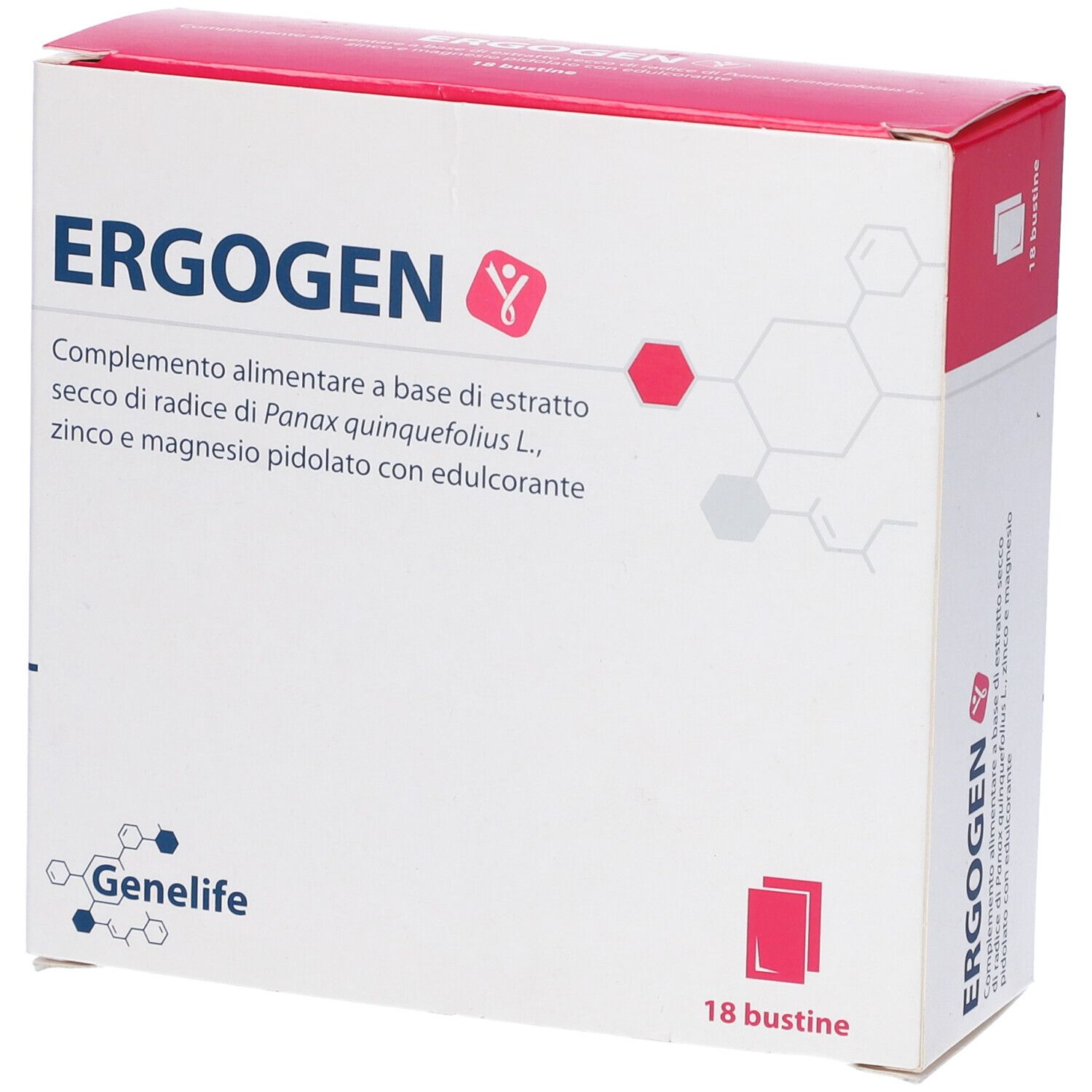 Scatola Ergogen, logo e testo. 18 bustine. Logo Geneliffe. Confezione rossa e bianca.