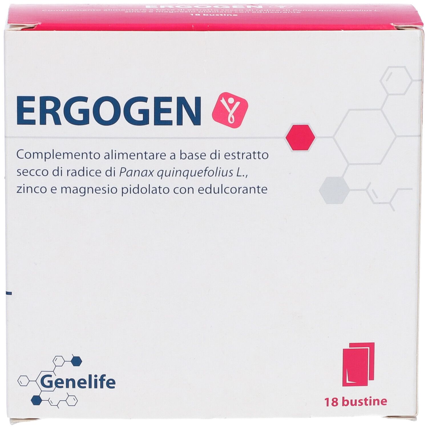 Scatola Ergogen, logo e testo. 18 bustine. Logo Geneliffe. Confezione rossa e bianca.