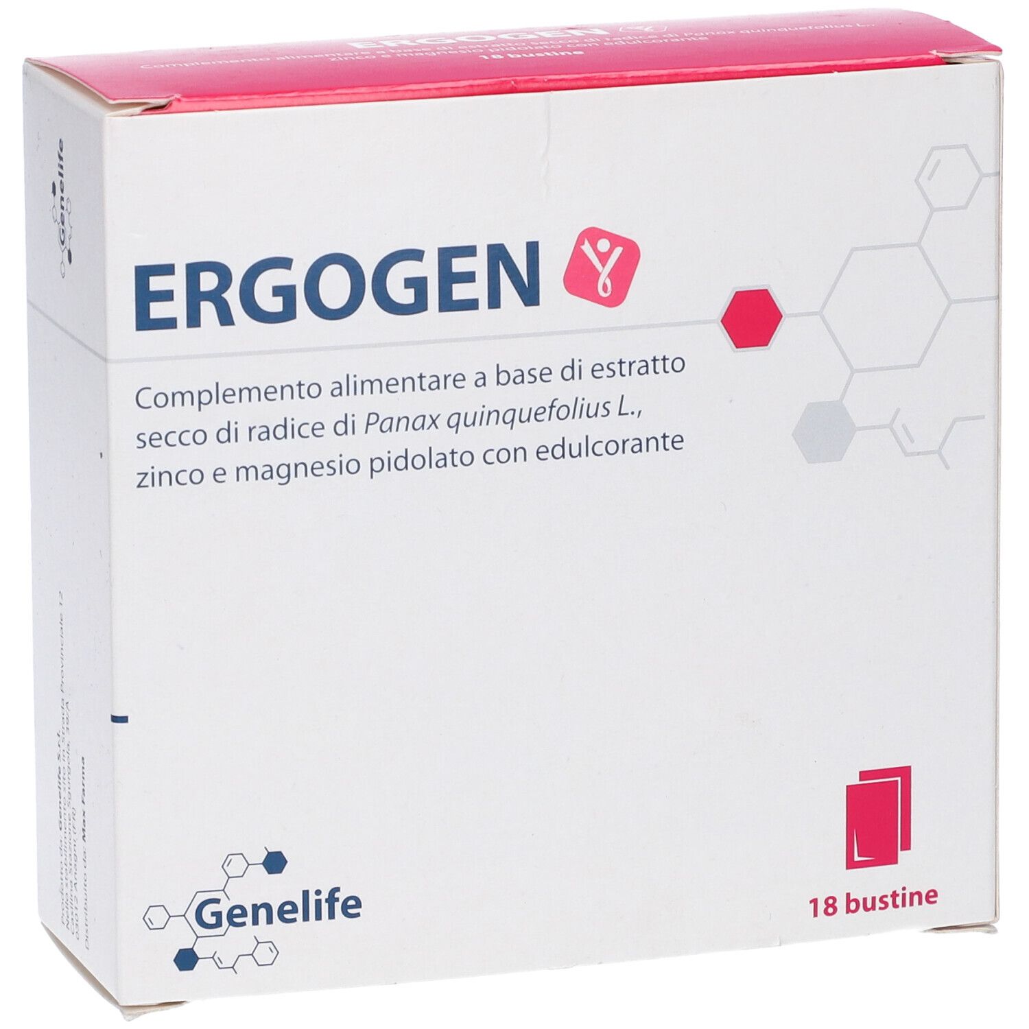 Scatola Ergogen, logo e testo. 18 bustine. Logo Geneliffe. Confezione rossa e bianca.