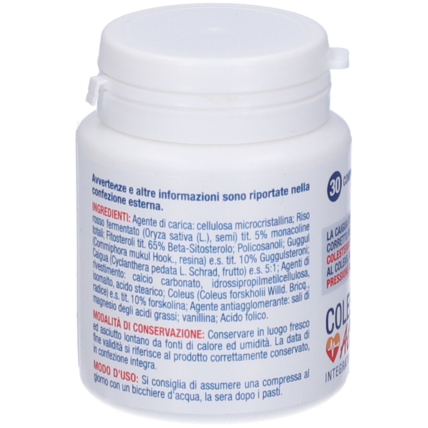 Flacone bianco con 30 compresse. Retro con testo. Tappo a vite.