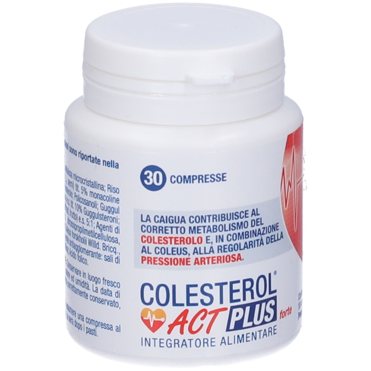Flacone bianco con 30 compresse. Retro con testo. Tappo a vite.
