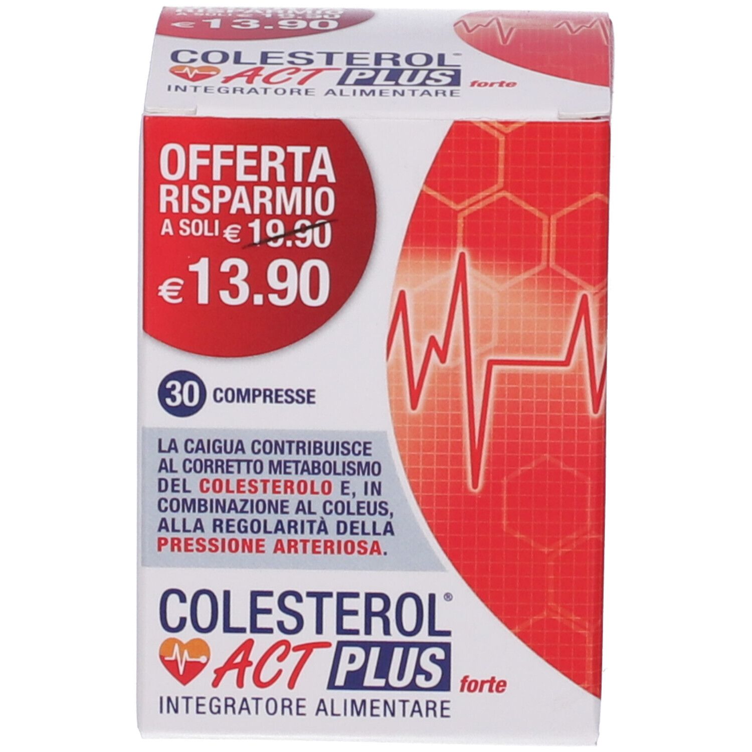 Confezione con grafica rossa e testo. Contiene 30 compresse. Indicazione prezzo.
