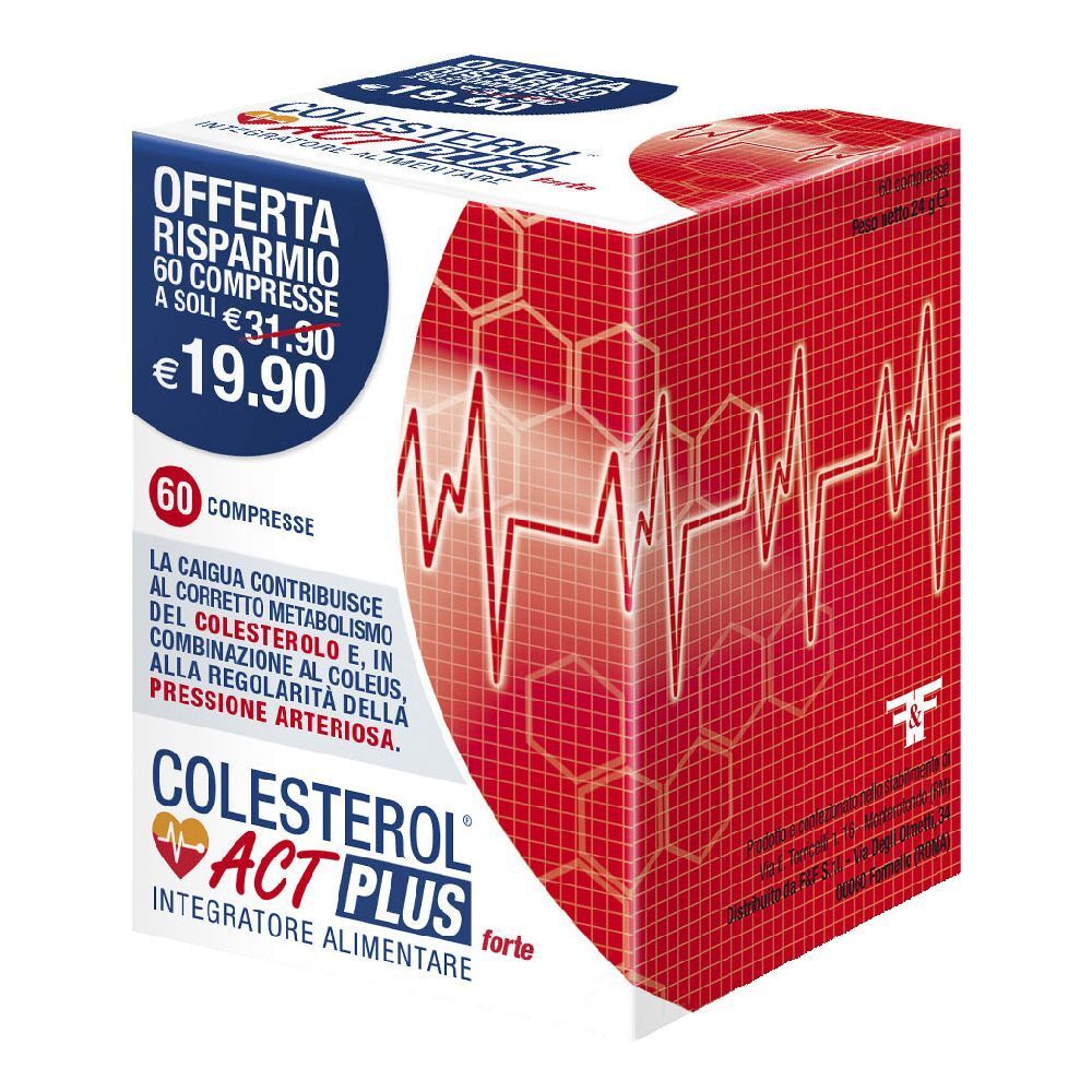 Scatola di COLESTEROL® Act Plus Forte. Rossa e bianca, informazioni sul prodotto e prezzo.
