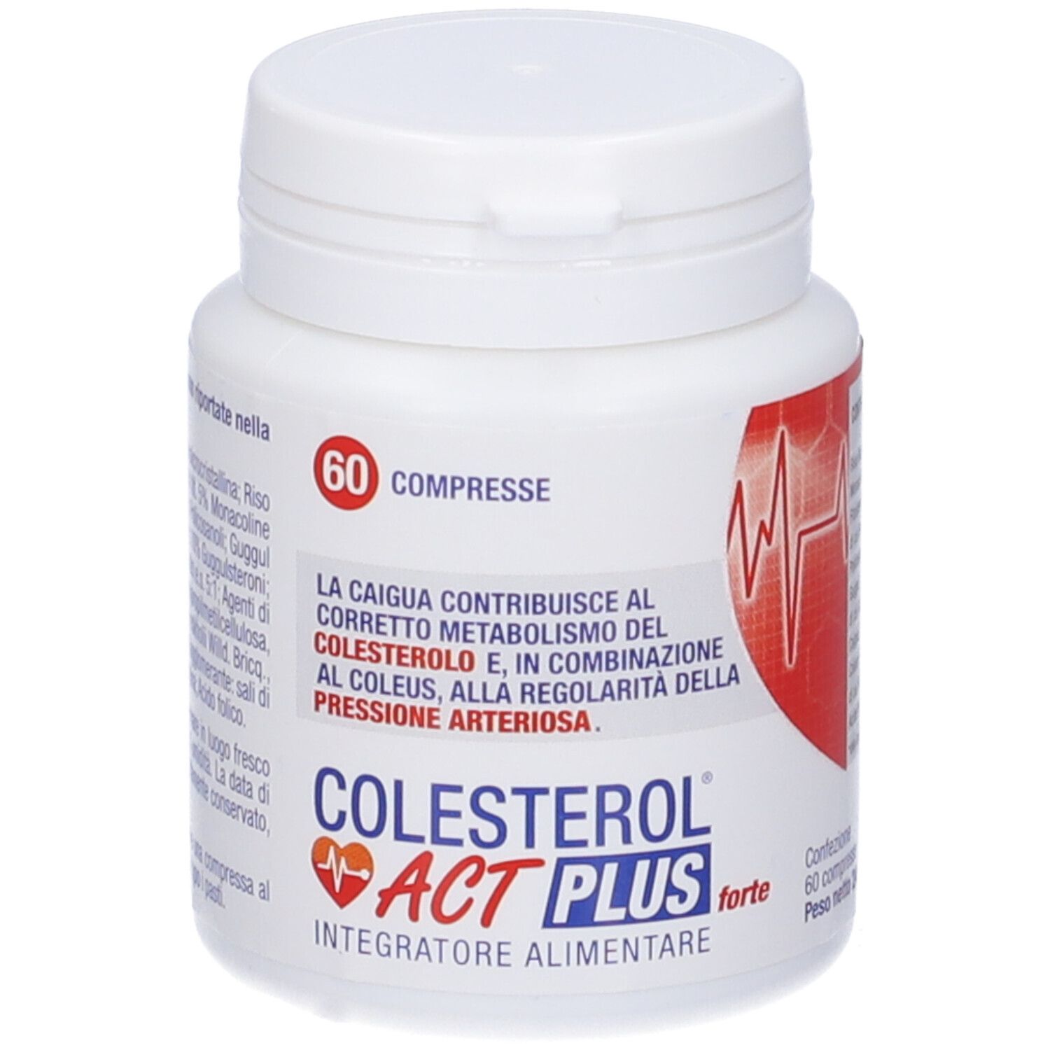 Flacone bianco COLESTEROL® Act Plus Forte. 60 compresse. Etichetta rossa con grafico ECG.