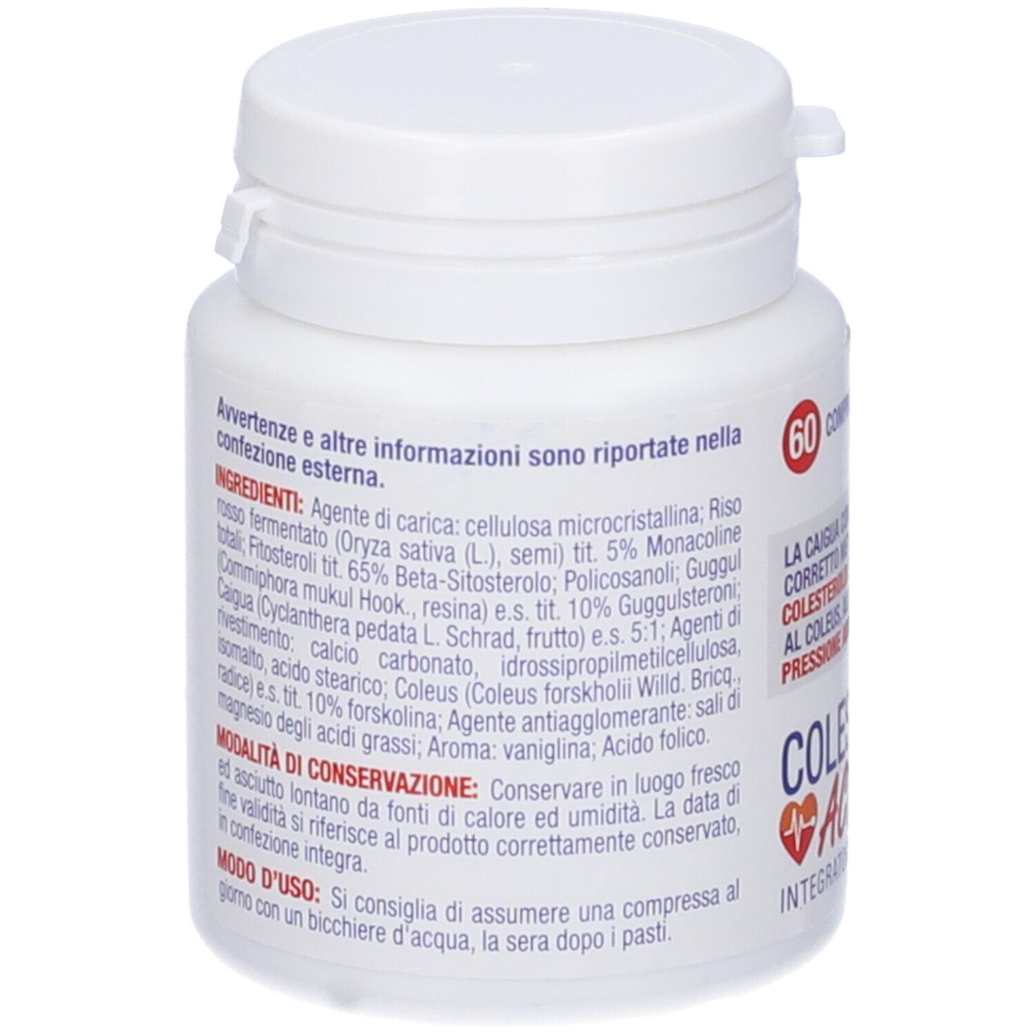 Retro del flacone bianco COLESTEROL® Act Plus Forte. Informazioni e ingredienti del prodotto.