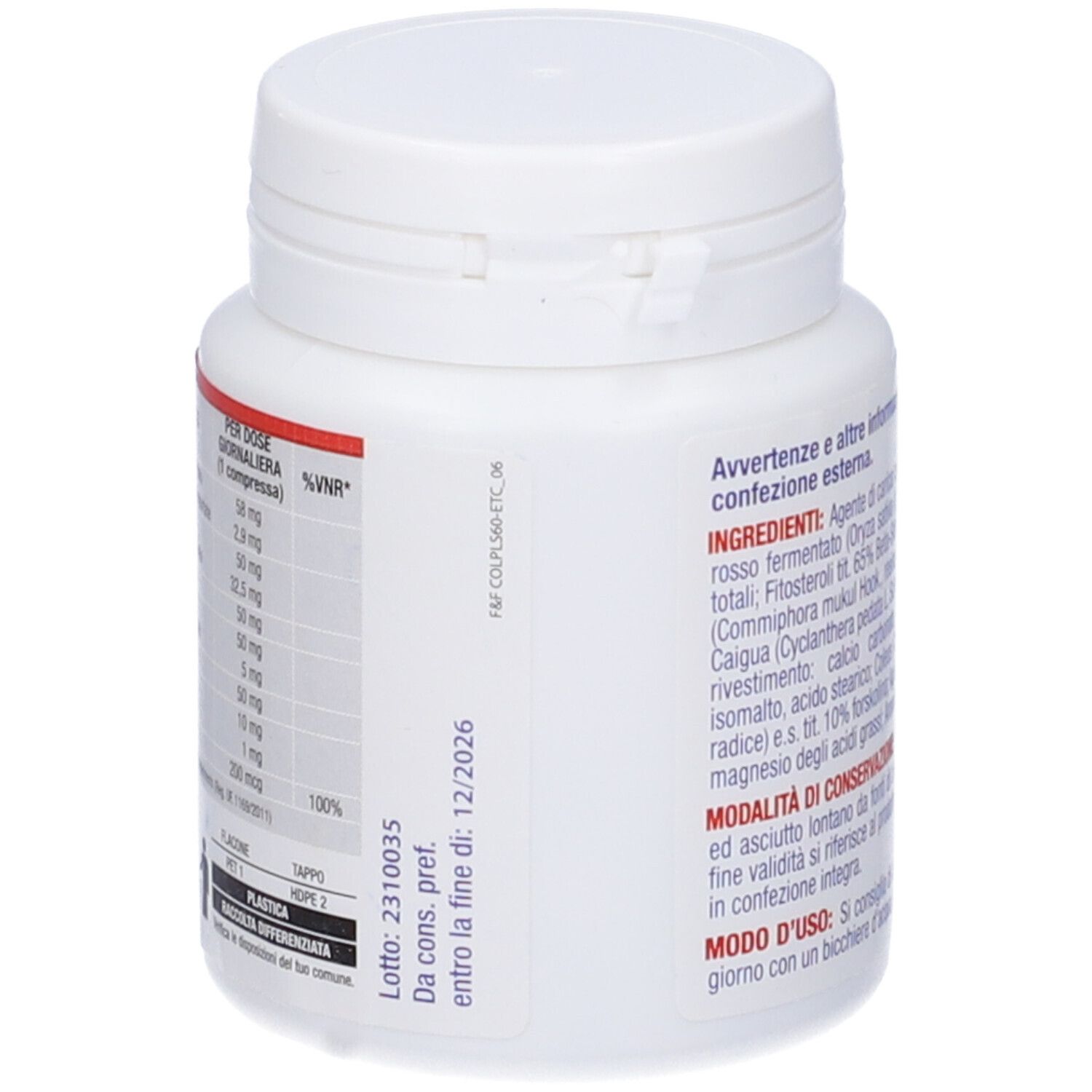 Retro del flacone bianco COLESTEROL® Act Plus Forte. Ingredienti, dosaggio e data di scadenza.