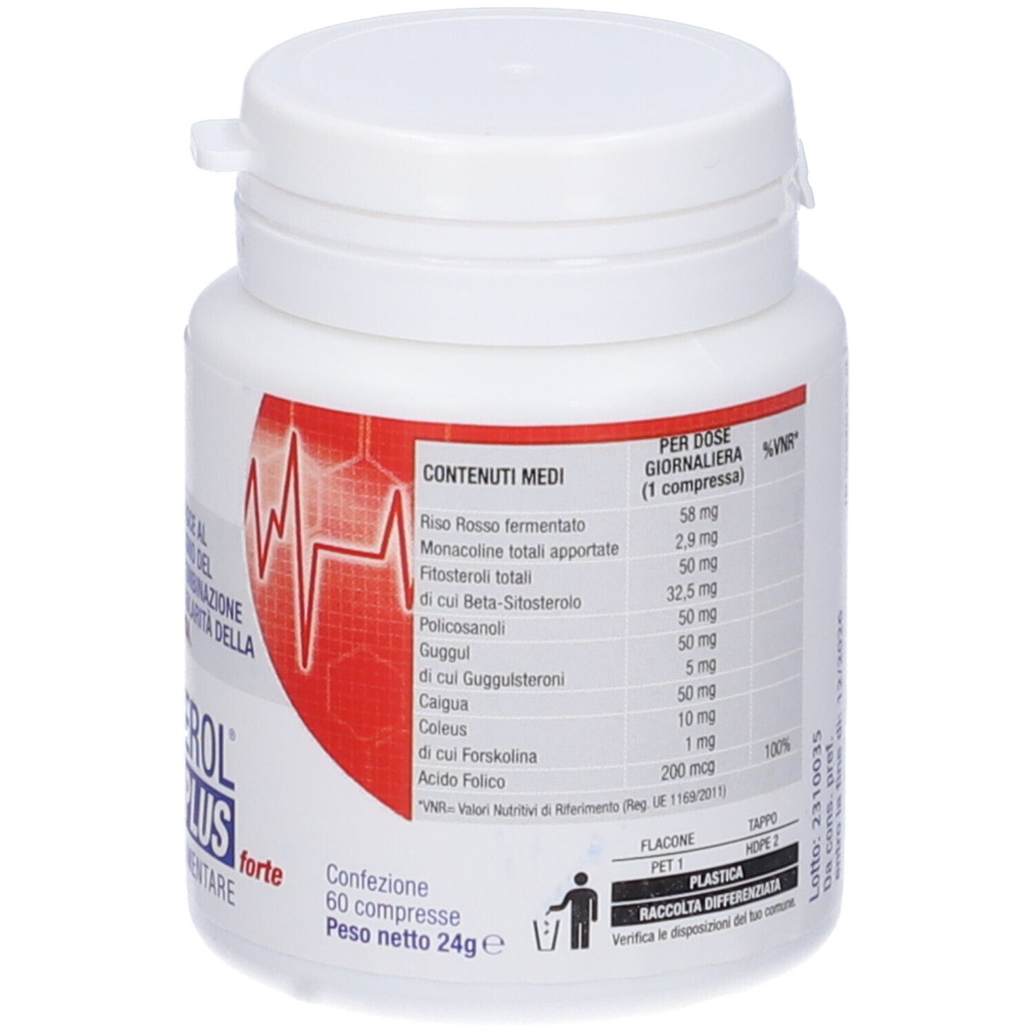 Retro del flacone bianco COLESTEROL® Act Plus Forte. Informazioni nutrizionali e ingredienti.