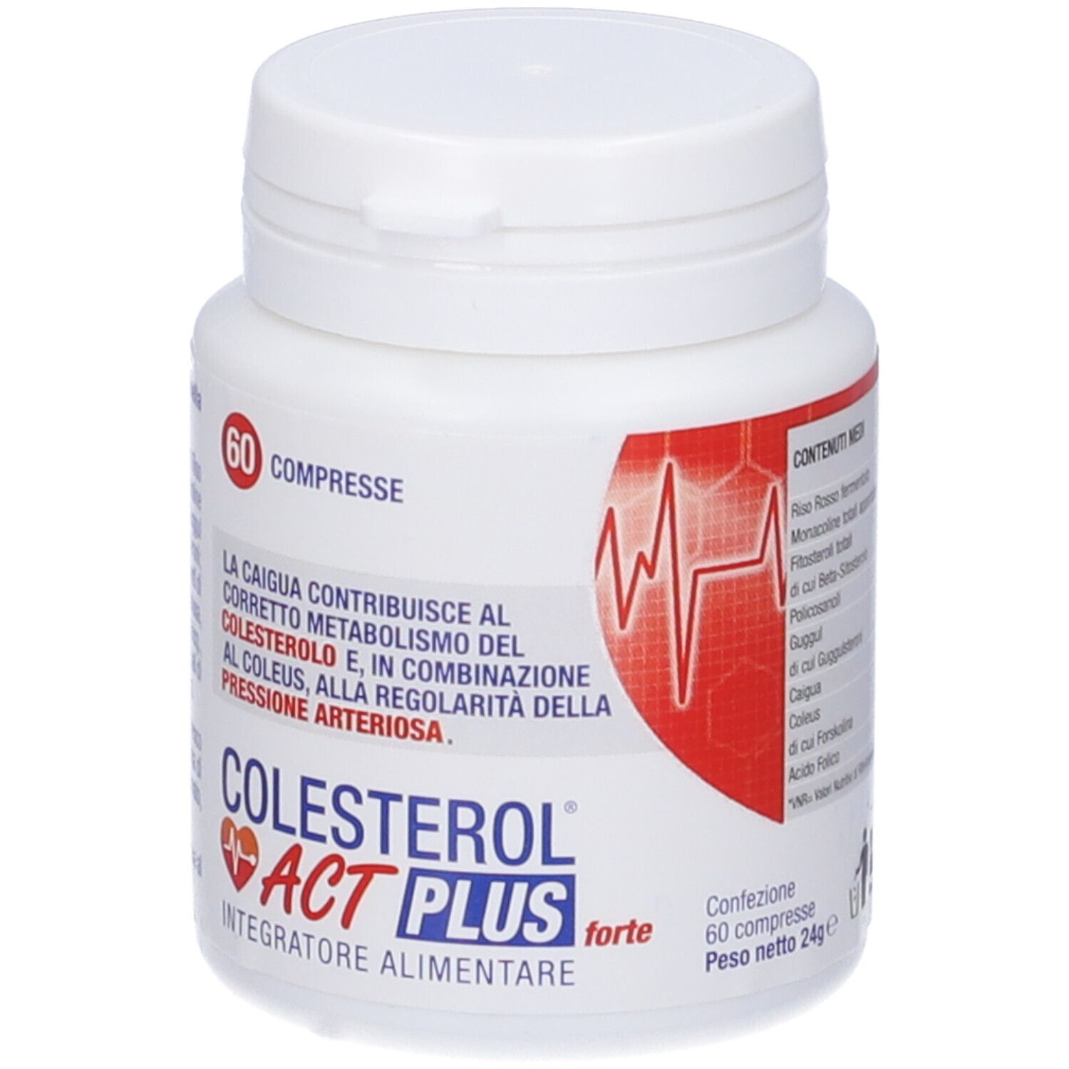 Flacone bianco COLESTEROL® Act Plus Forte. 60 compresse. Etichetta rossa con grafico ECG.