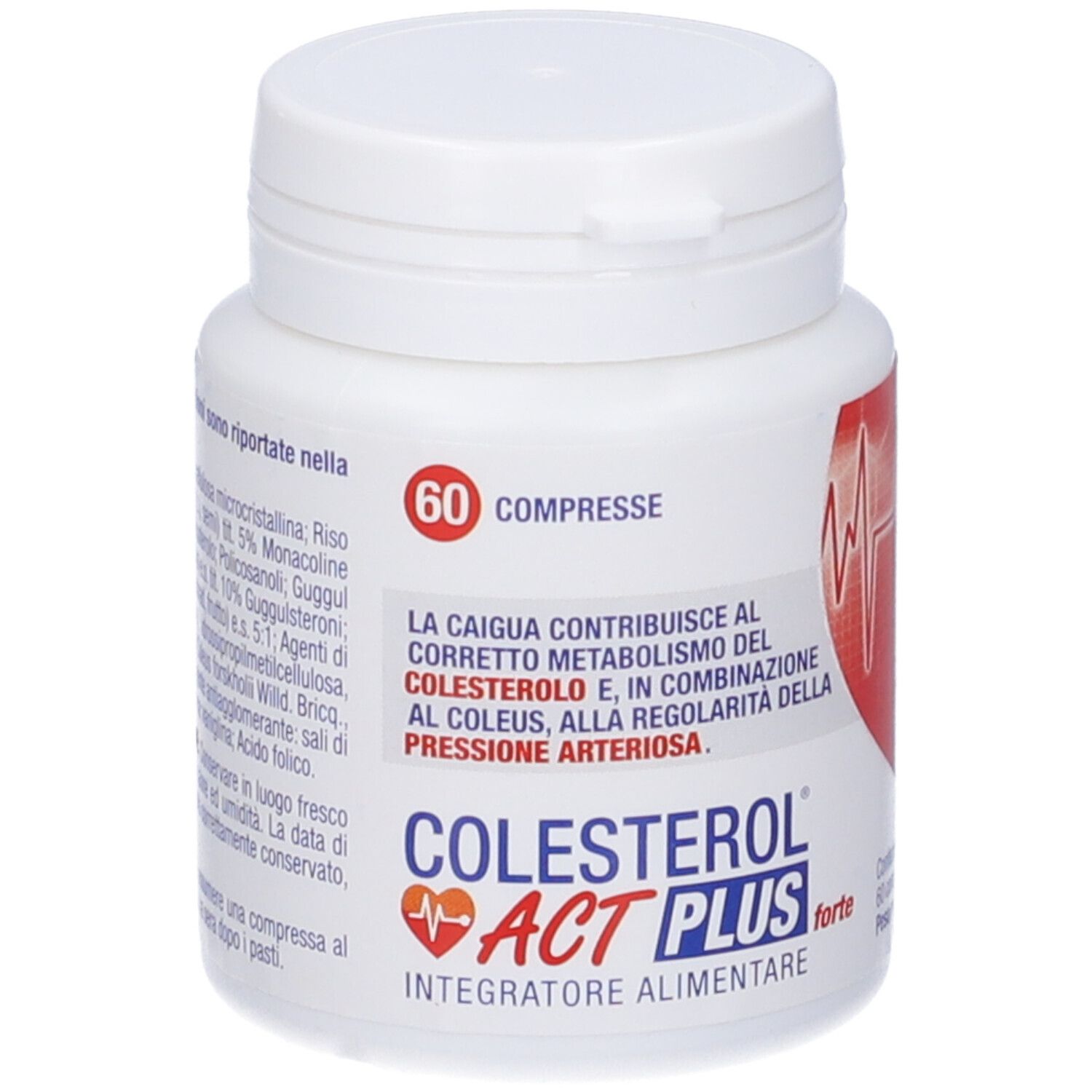Flacone bianco COLESTEROL® Act Plus Forte. 60 compresse. Informazioni sul prodotto ed etichetta rossa.