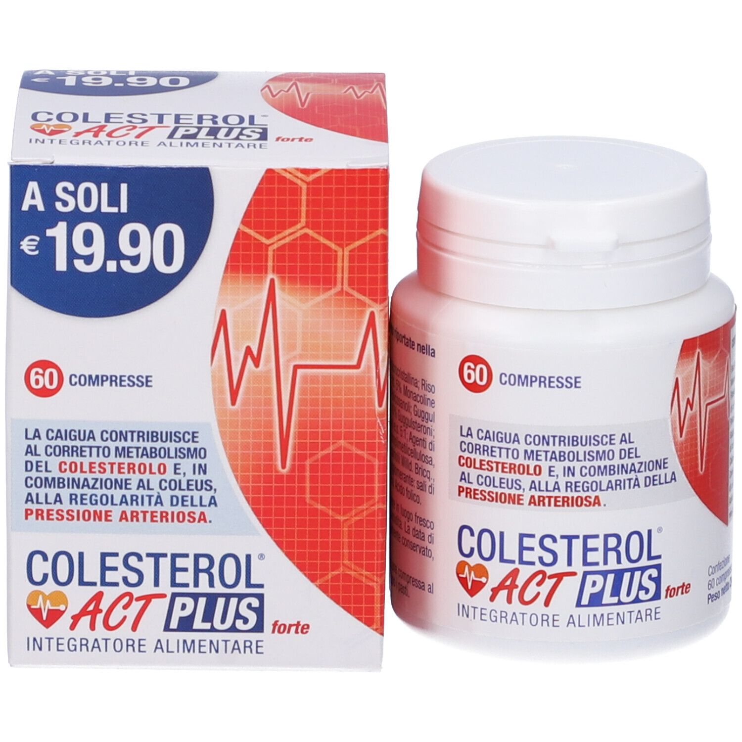 Confezione e flacone COLESTEROL® Act Plus Forte. Flacone bianco e scatola rossa e bianca.