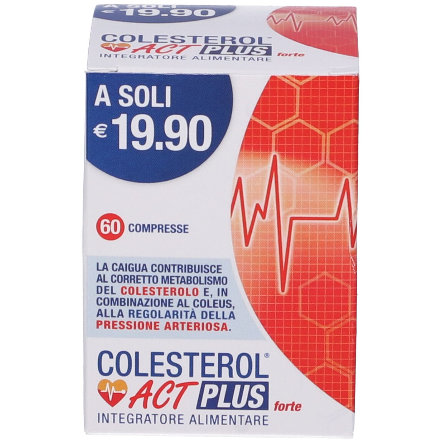 Scatola di COLESTEROL® Act Plus Forte. Rossa e bianca, informazioni sul prodotto.