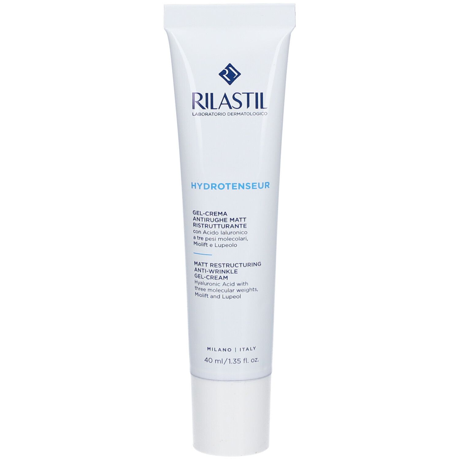 Creme-Tube mit Produktnamen und Logo. Text: Hydrotenseur, Gel-crema antirughe matt ristrutturante. 40 ml.