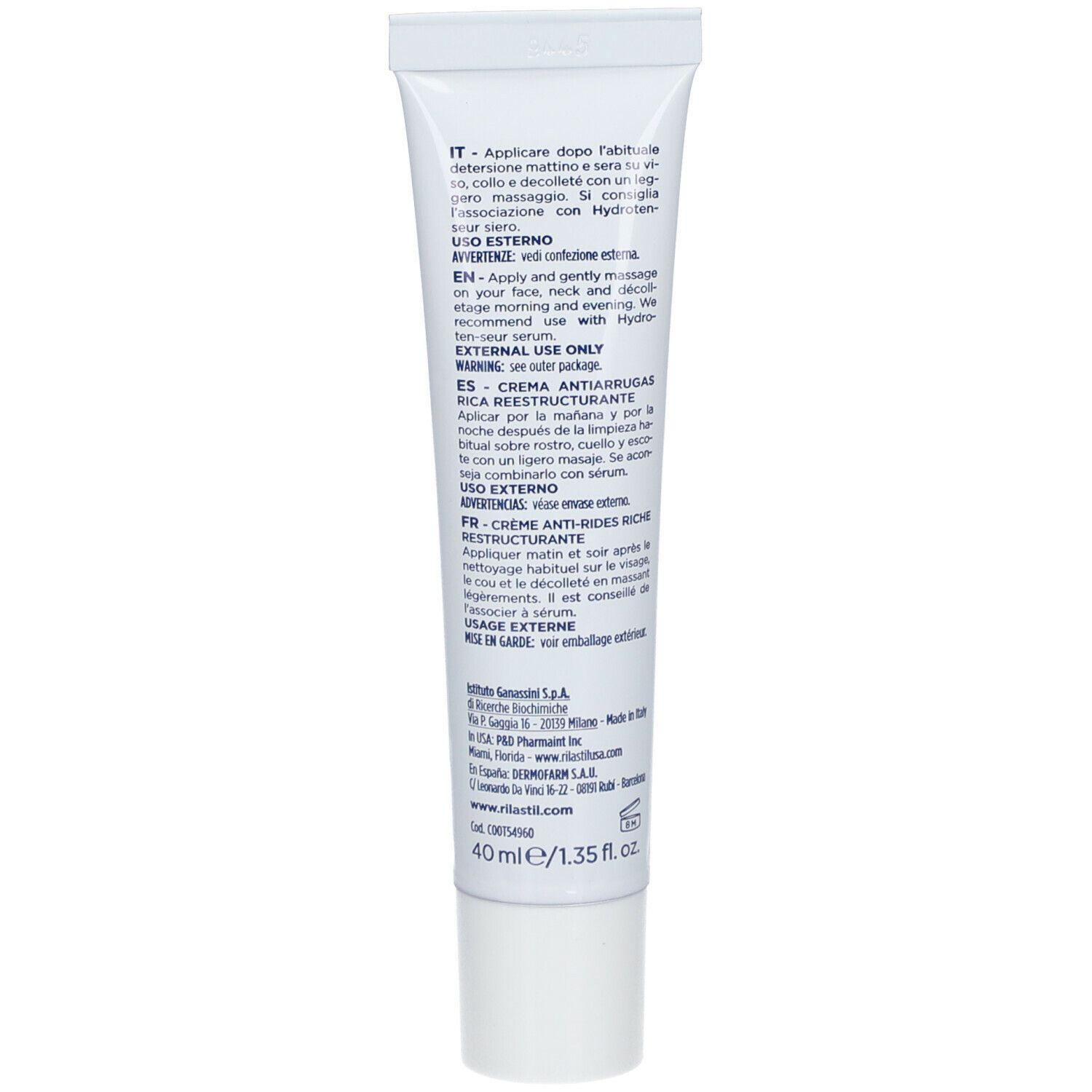 Dos du tube de crème. Informations produit multilingues. Contenance 40 ml.