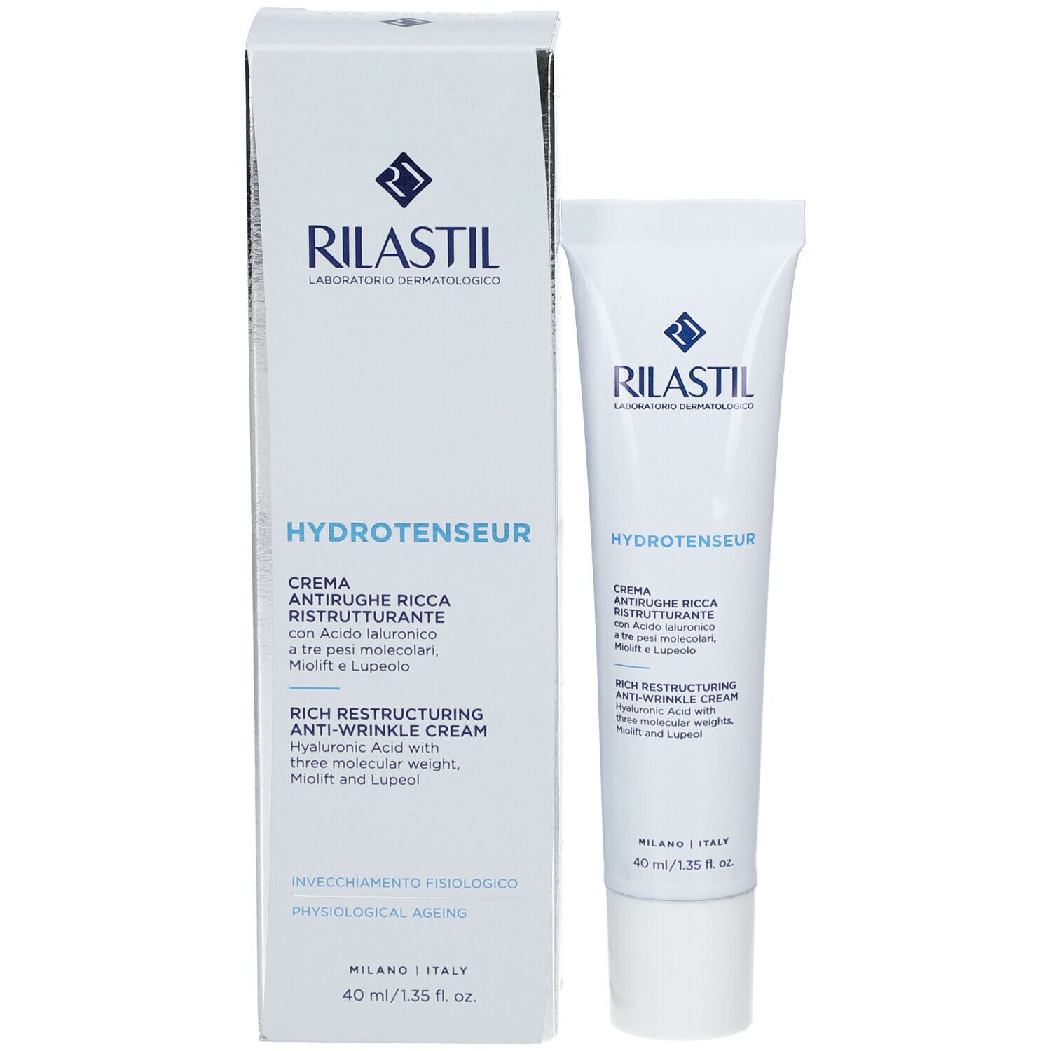 Emballage produit avec tube de crème. Marque Rilastil, inscription Hydrotenseur. 40 ml.