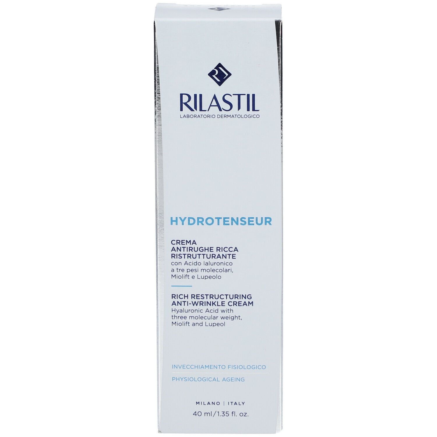 Emballage produit. Marque Rilastil, inscription Hydrotenseur. Informations produit.