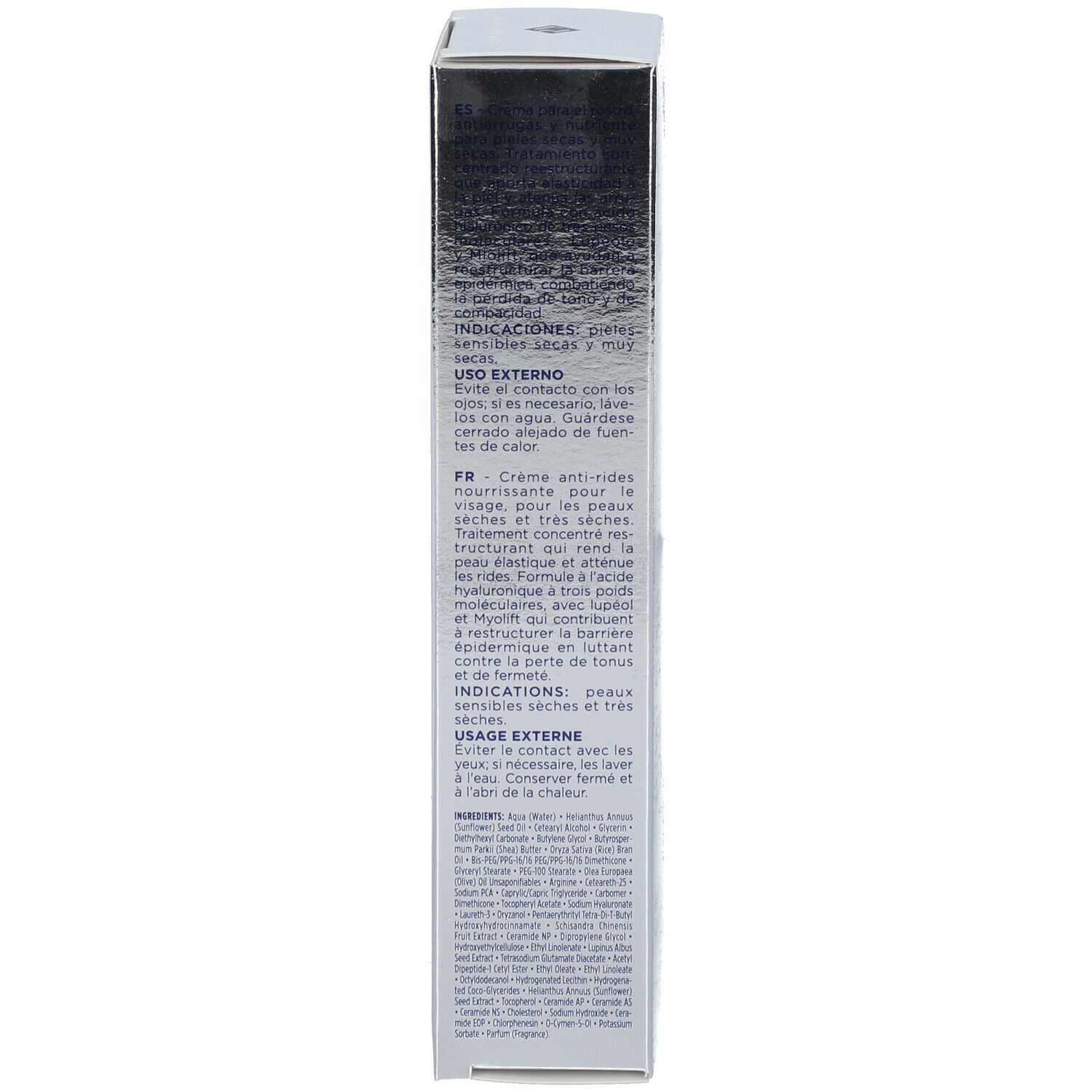 Emballage produit, vue latérale. Informations produit multilingues. 40 ml.