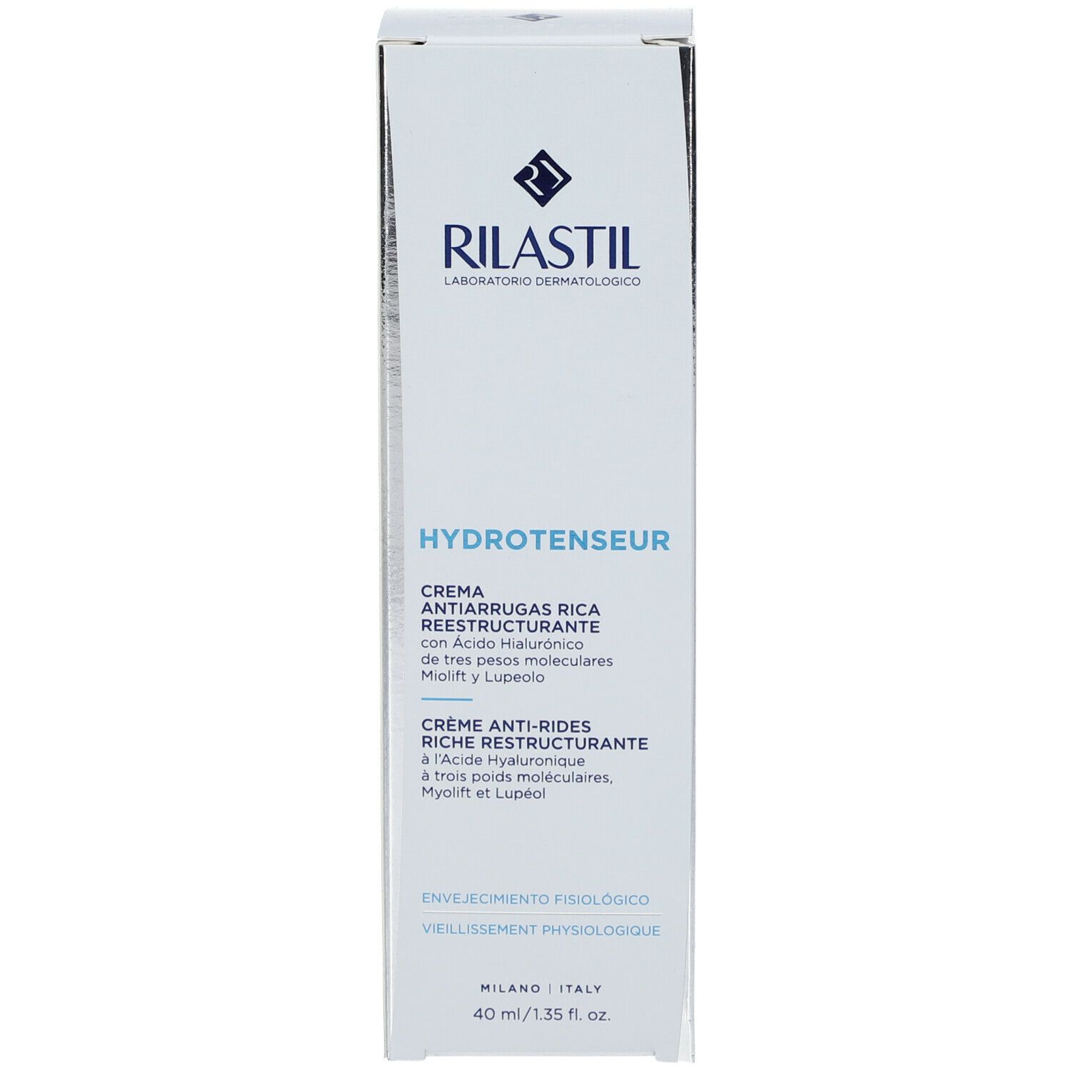 Emballage produit. Marque Rilastil, inscription Hydrotenseur. Informations produit.