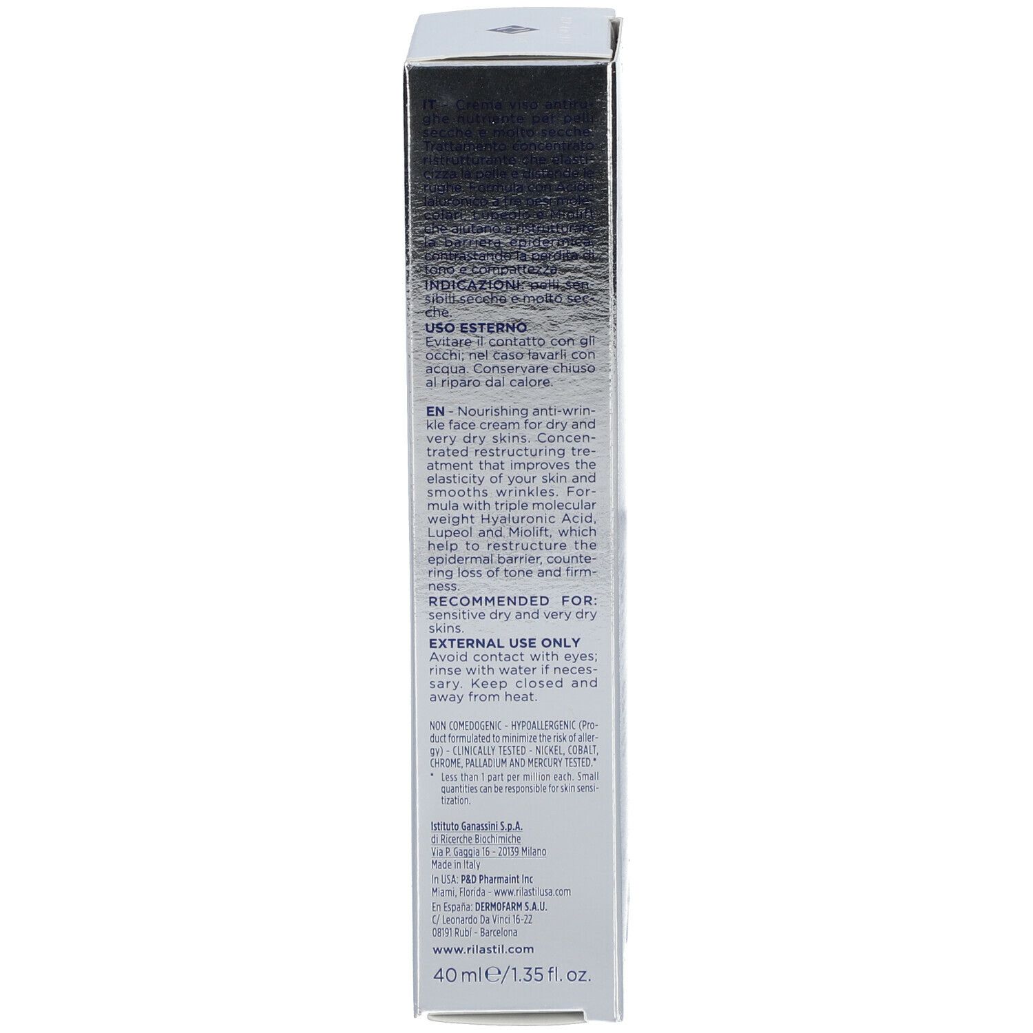 Emballage produit, vue latérale. Informations produit multilingues. 40 ml.