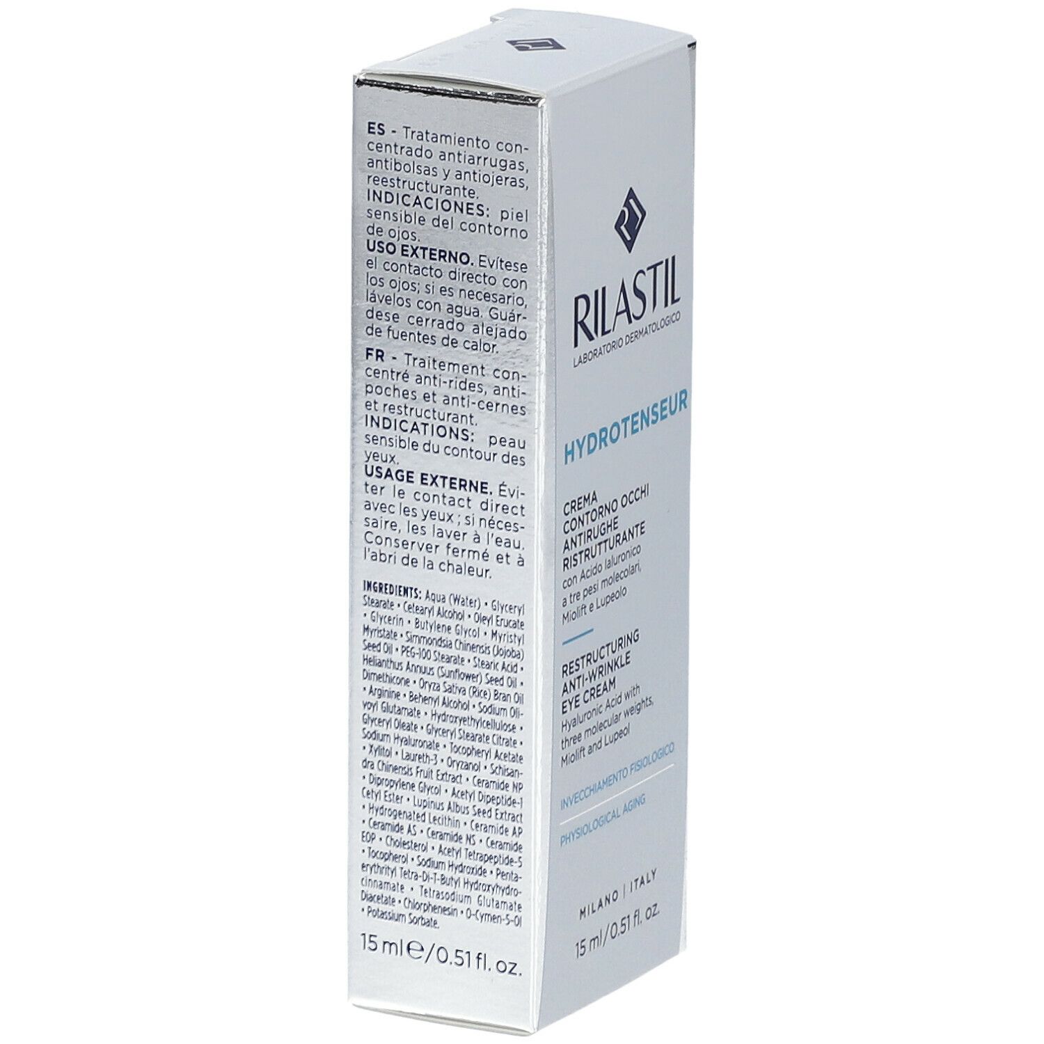 Confezione crema occhi Rilastil Hydrotenseur. Scatola bianca con nome e logo del prodotto. 15 ml.