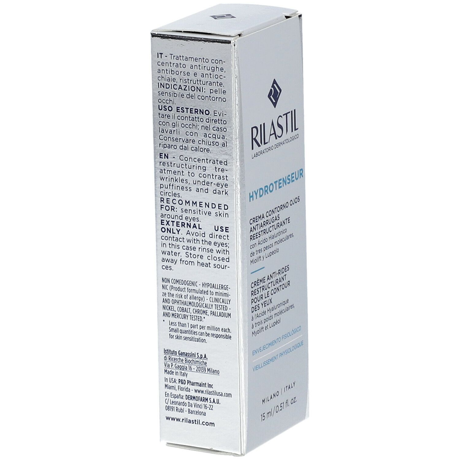 Confezione crema occhi Rilastil Hydrotenseur. Scatola bianca con nome e logo del prodotto. 15 ml.