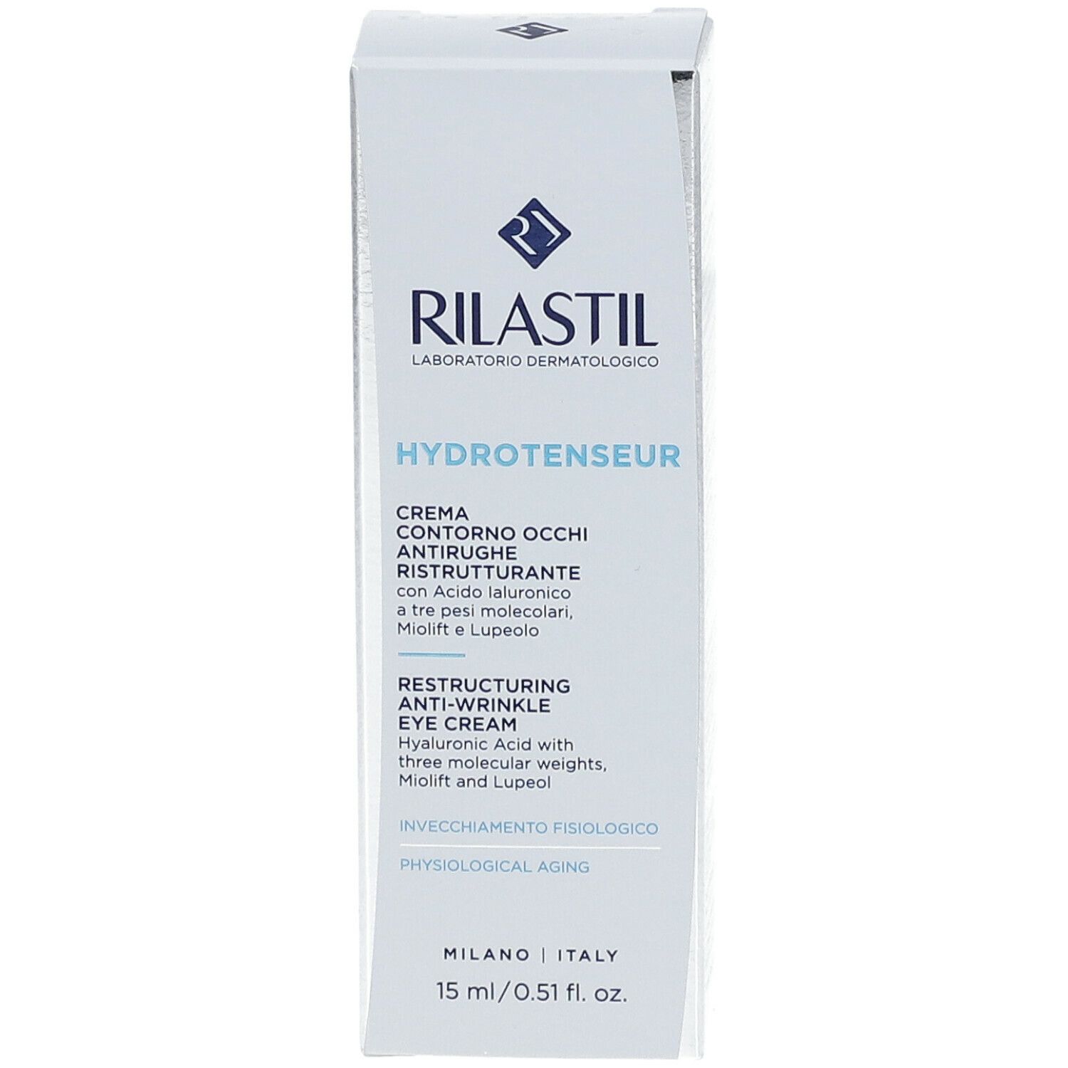 Confezione crema occhi Rilastil Hydrotenseur. Scatola bianca con nome e logo del prodotto. 15 ml.