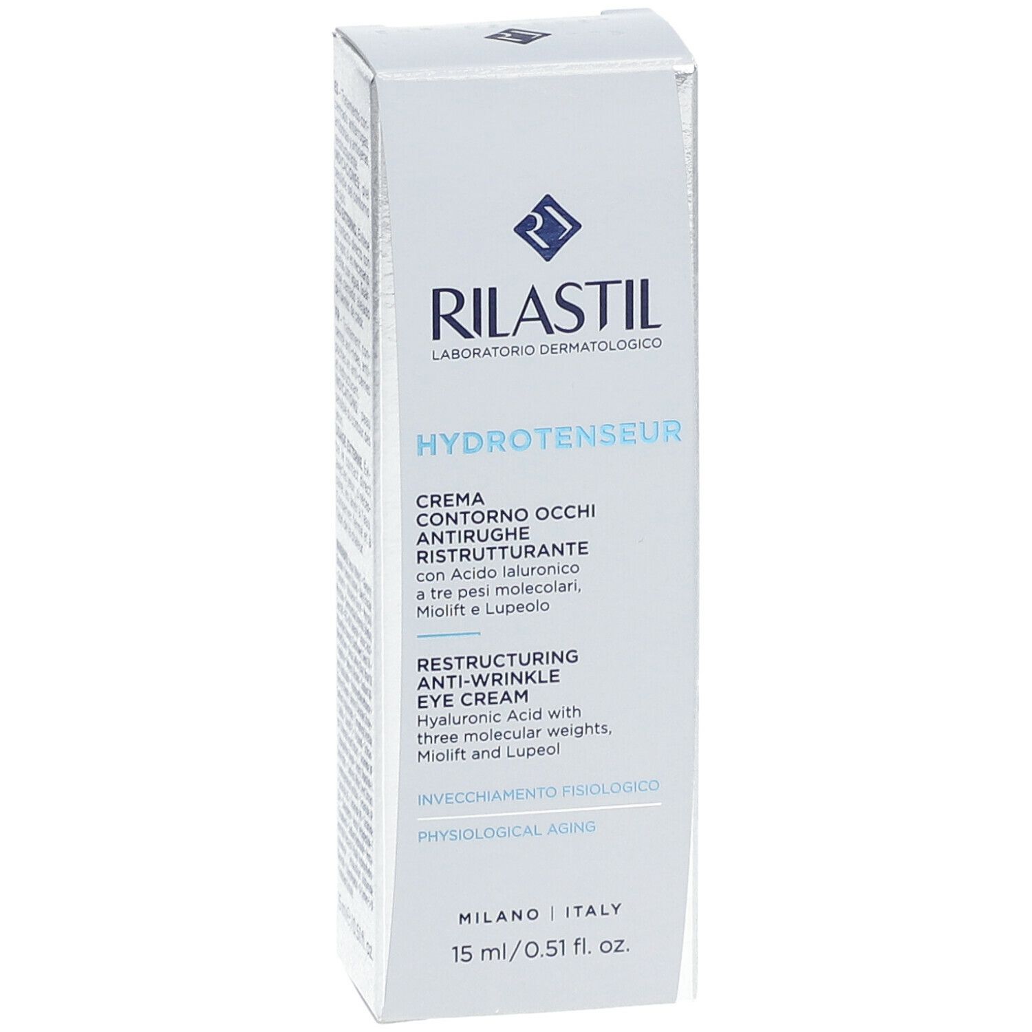 Confezione crema occhi Rilastil Hydrotenseur. Scatola bianca con nome e logo del prodotto. 15 ml.