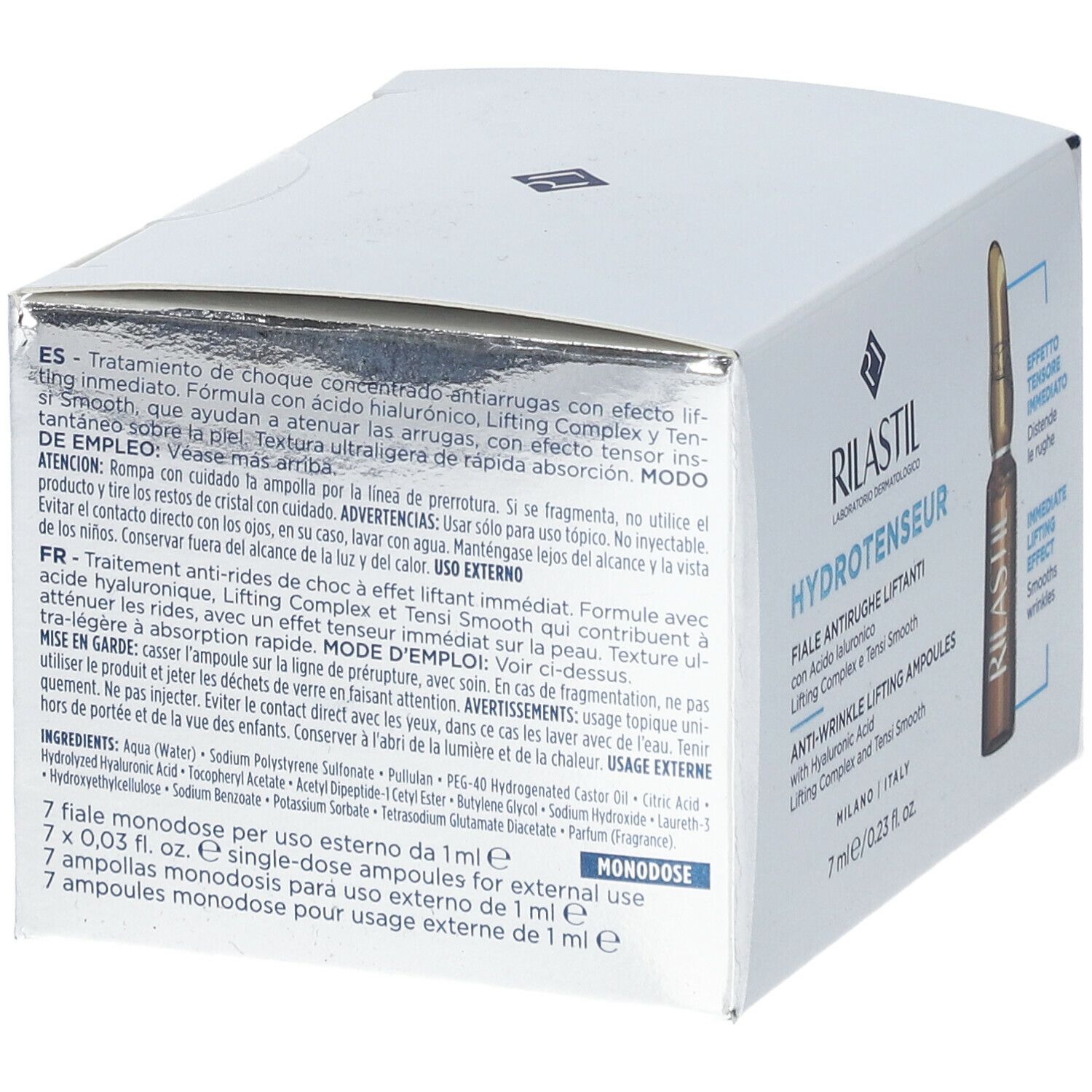 Retro della confezione RILASTIL Hydrotenseur. Testo multilingue. Contiene 7 fiale.