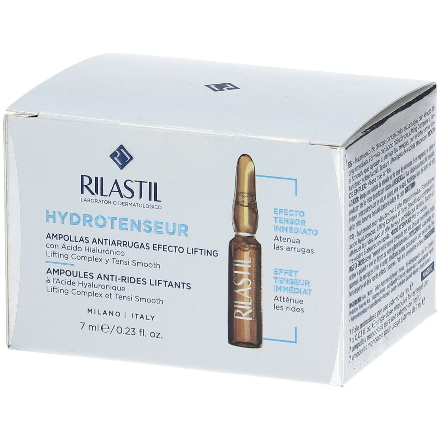 Scatola RILASTIL Hydrotenseur. Ampolle antirughe effetto lifting. Un'ampolla è visibile.