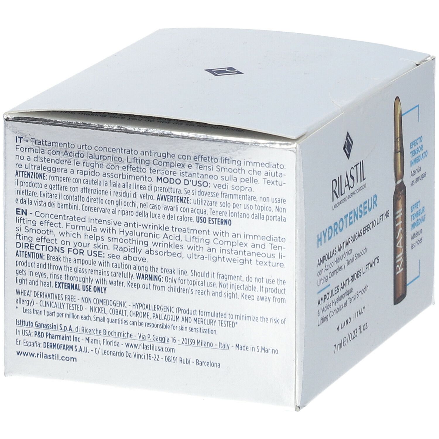 Retro della confezione RILASTIL Hydrotenseur. Testo multilingue. Contiene 7 fiale.