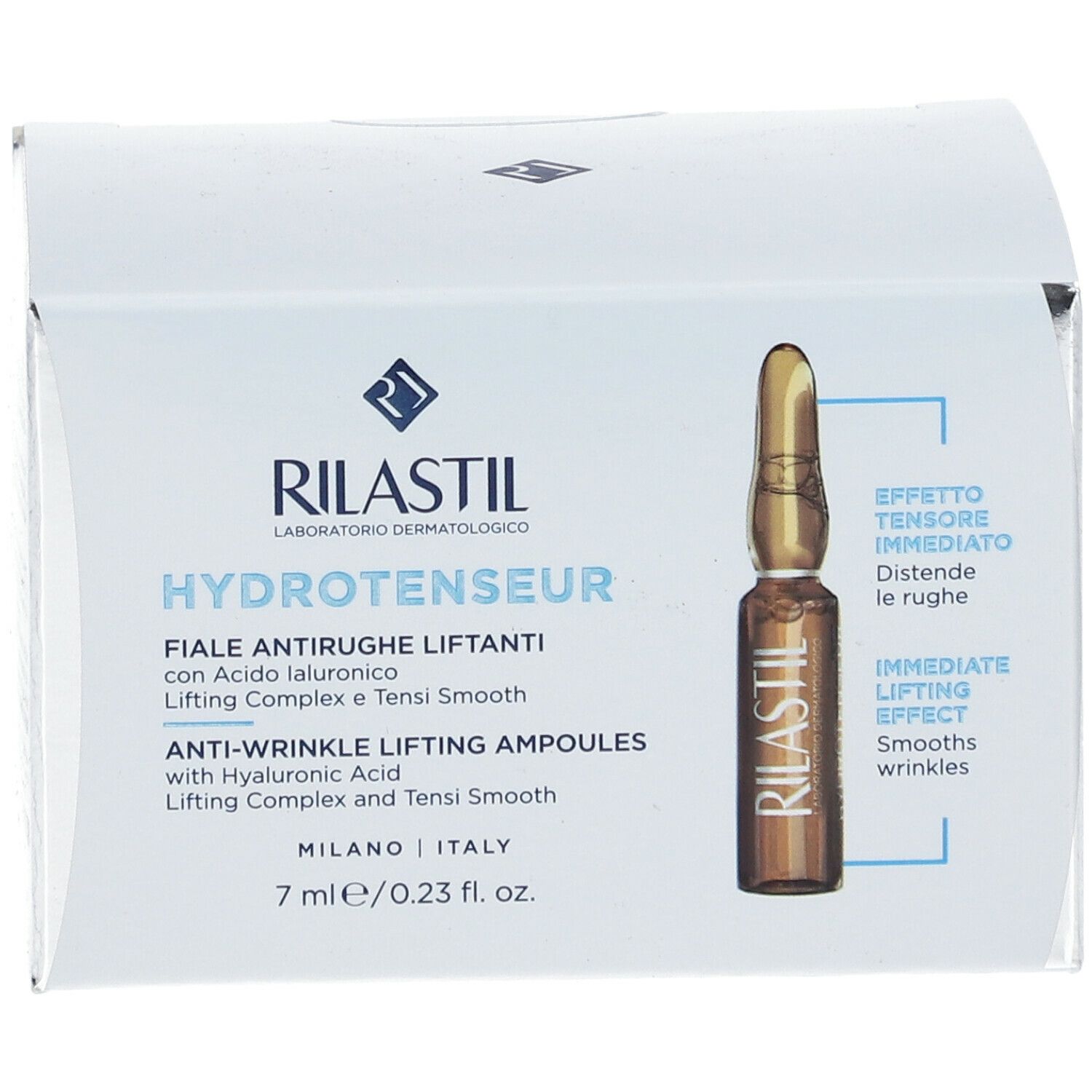 Scatola RILASTIL Hydrotenseur. Fiale antirughe liftanti. Un'ampolla è visibile sull'imballaggio.