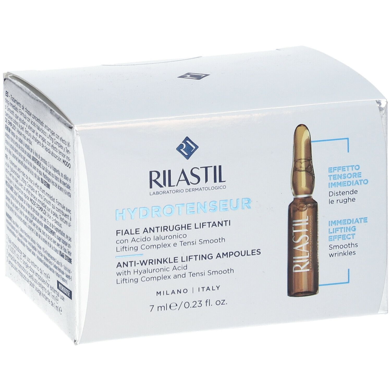 Scatola RILASTIL Hydrotenseur. Fiale antirughe liftanti. Un'ampolla è visibile sull'imballaggio.