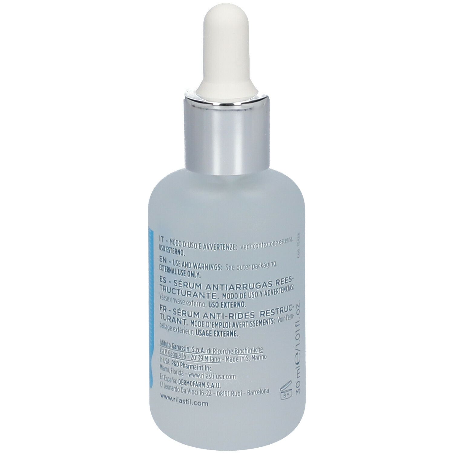 Siero Rilastil Hydrotenseur. Retro del flacone. Testo multilingue. Flacone in vetro blu chiaro opaco. Tappo argentato.