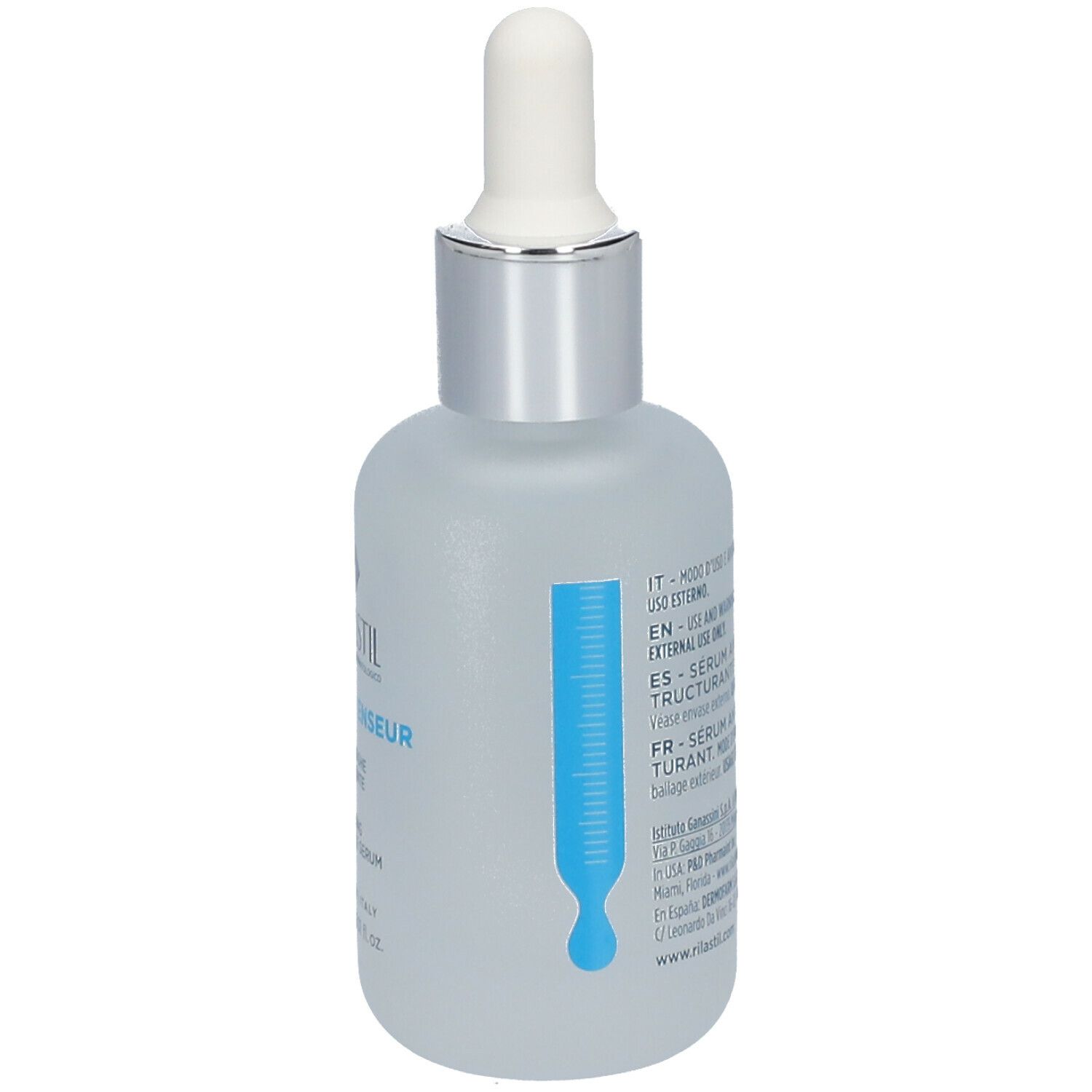 Siero Rilastil Hydrotenseur. Flacone con pipetta. Flacone in vetro blu chiaro opaco. Tappo argentato. Segno blu.