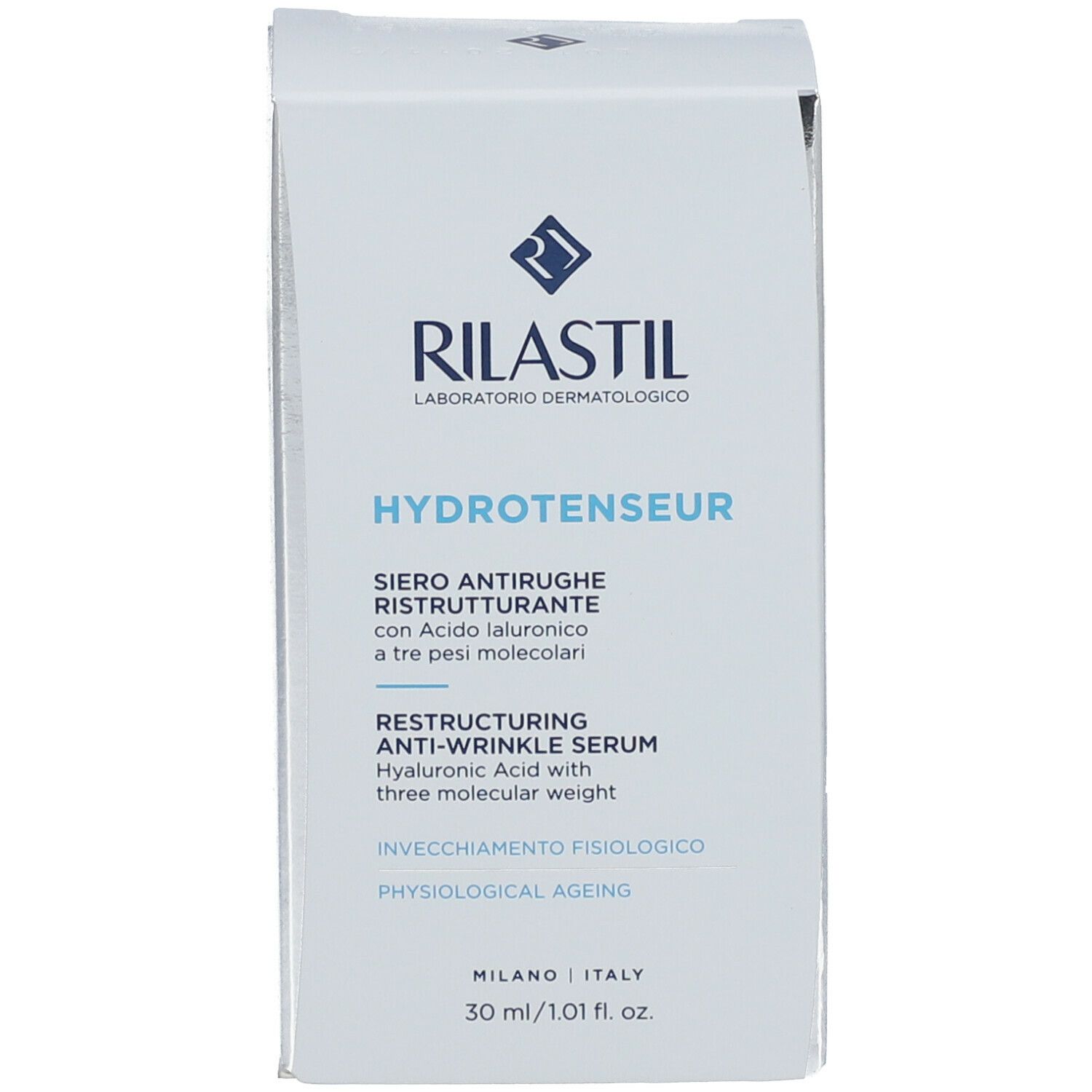 Confezione Rilastil Hydrotenseur. Scatola. Nome del prodotto e logo. Testo multilingue. Blu chiaro e bianco.