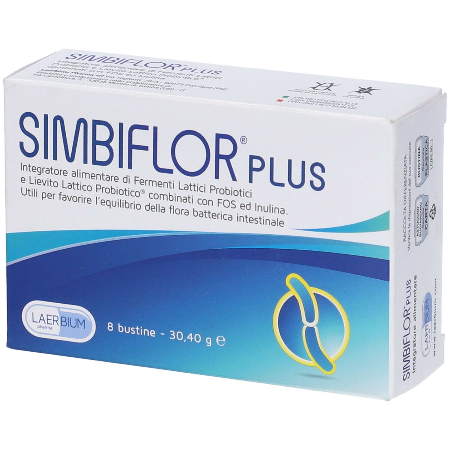 Scatola bianca SIMBIFLOR PLUS. Contiene 8 bustine. Elementi di design blu e gialli.