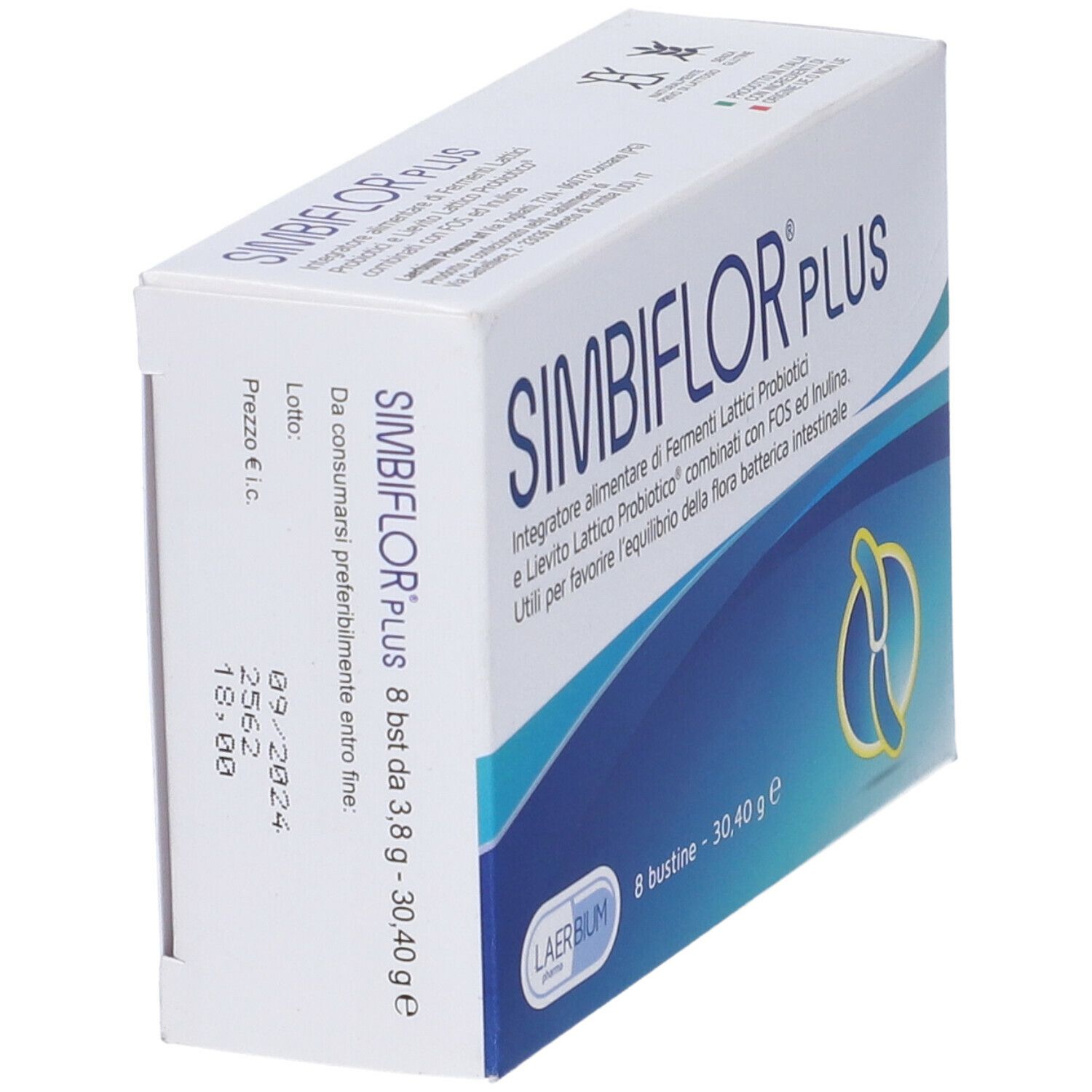Scatola SIMBIFLOR PLUS in diagonale. Contiene 8 bustine. Testo e logo visibili. Data.