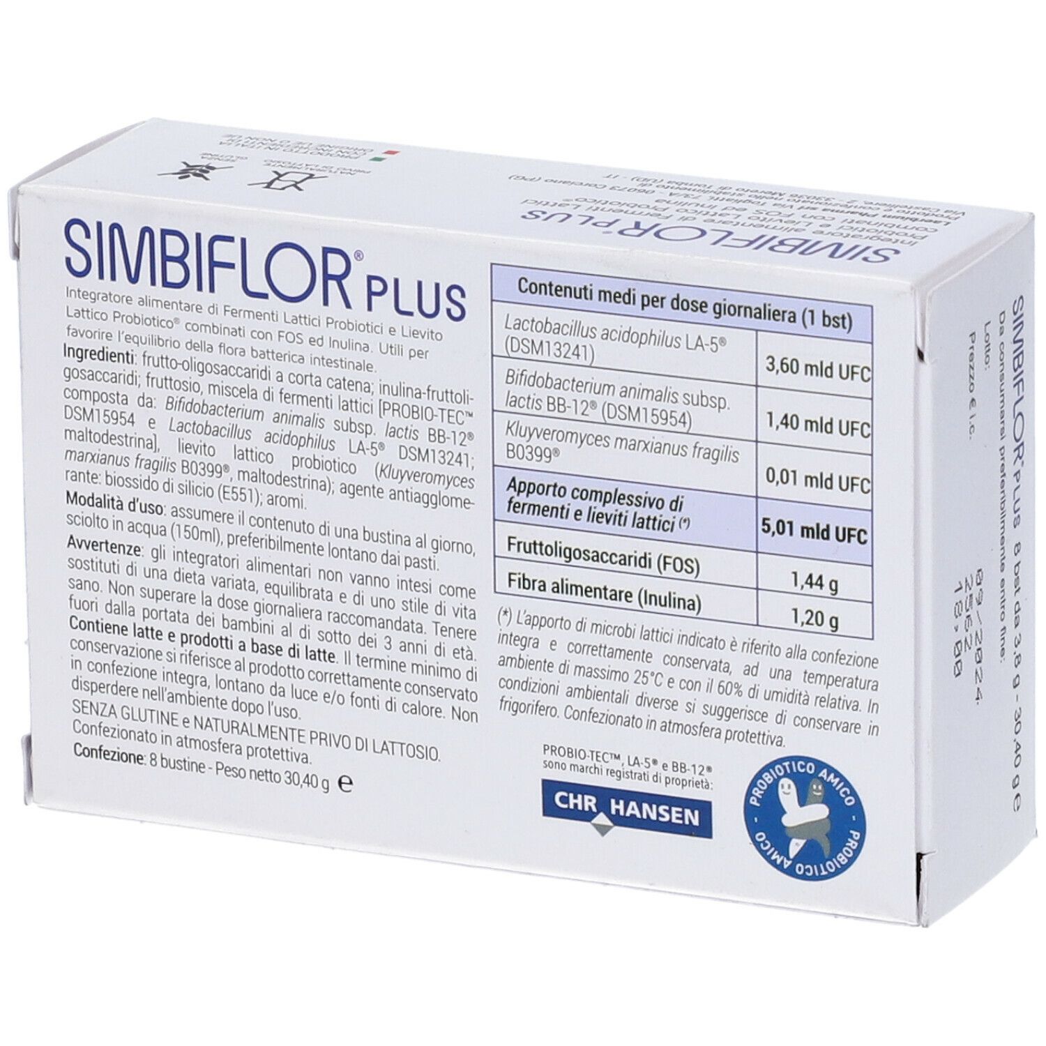 Scatola SIMBIFLOR PLUS, retro. Ingredienti e informazioni nutrizionali. Testo e logo.