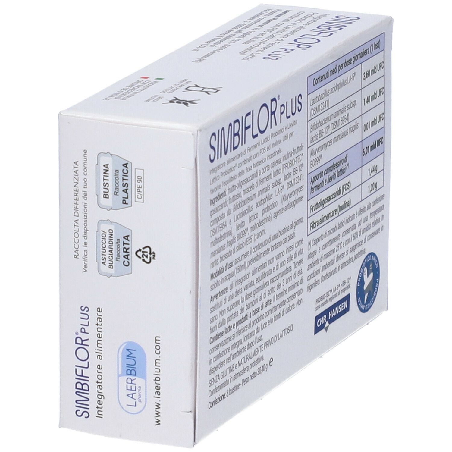 Scatola SIMBIFLOR PLUS in diagonale. Retro con testo e logo. Simboli di riciclaggio.