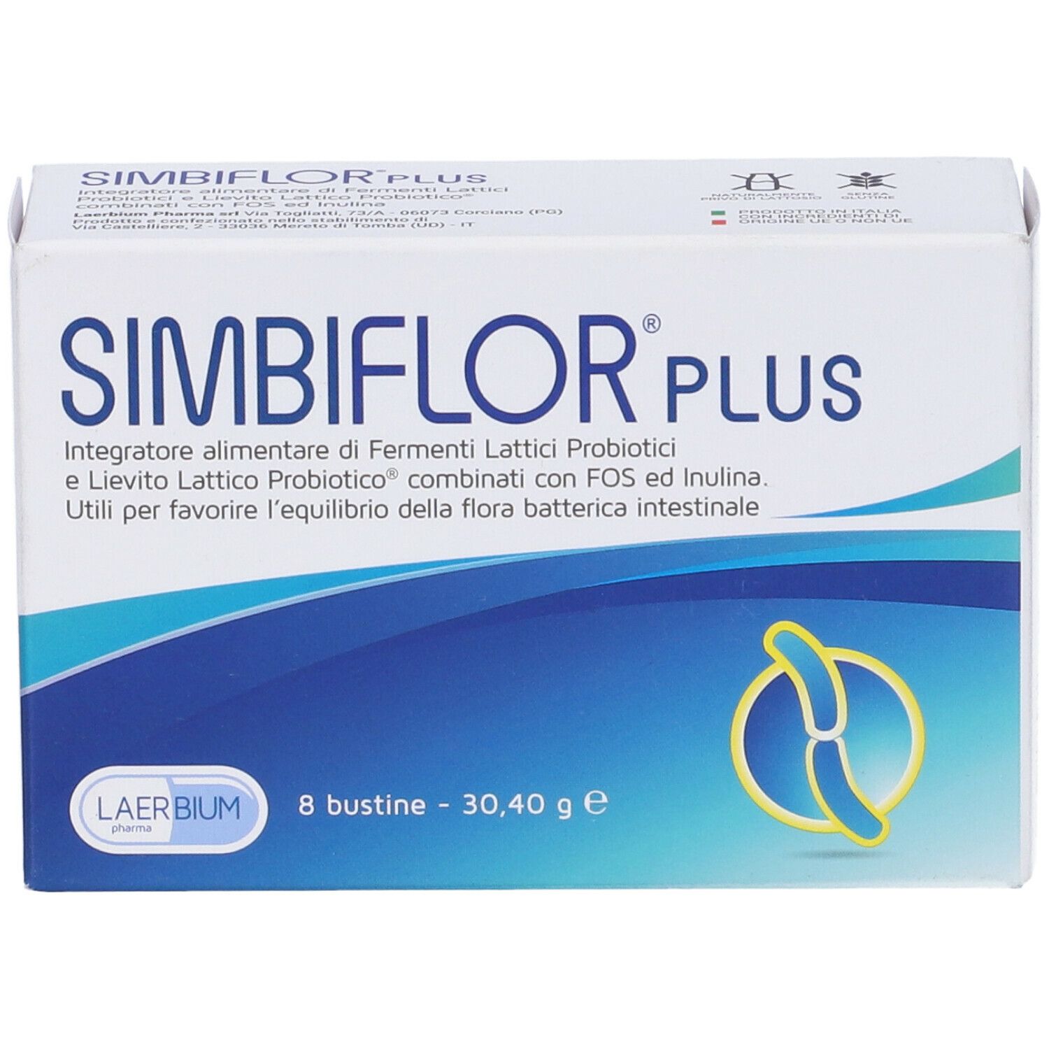 Scatola bianca SIMBIFLOR PLUS. Contiene 8 bustine. Elementi di design blu e gialli.