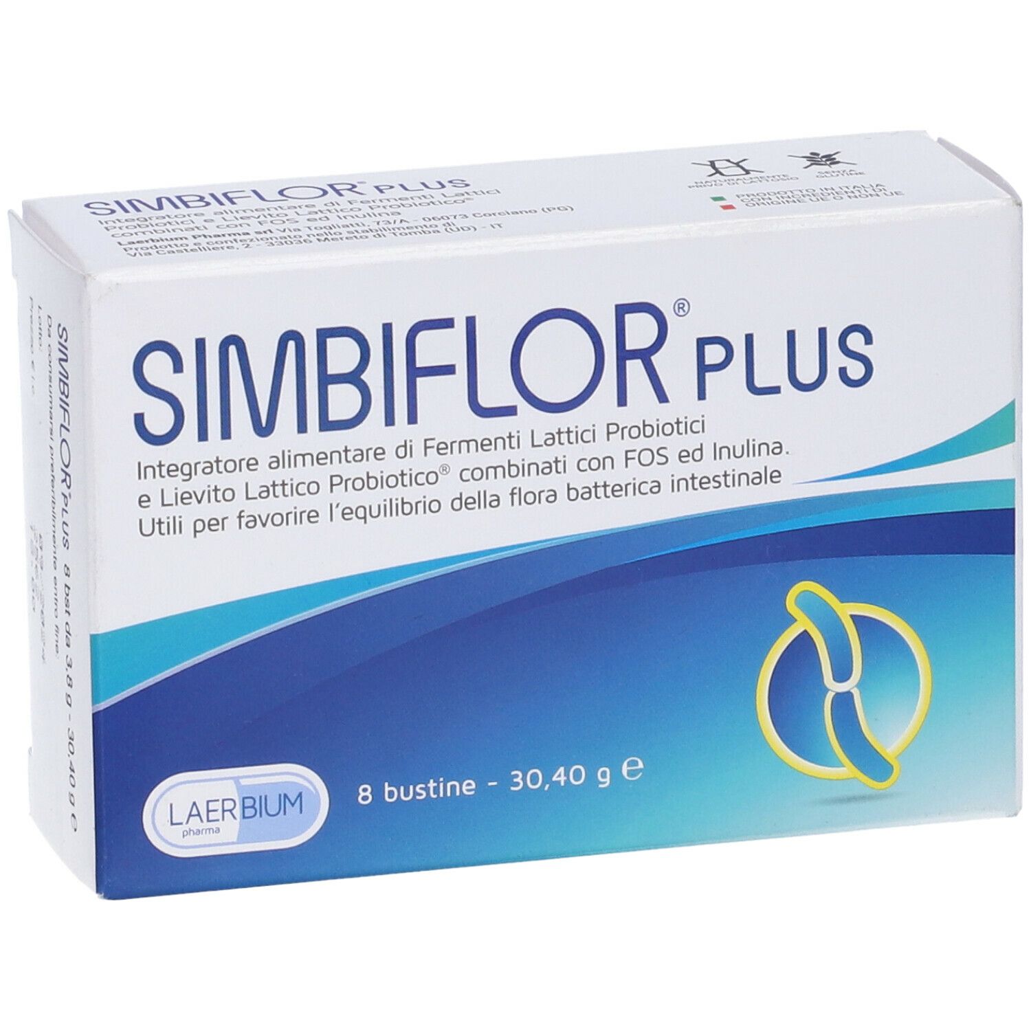 Scatola bianca SIMBIFLOR PLUS. Contiene 8 bustine. Elementi di design blu e gialli.
