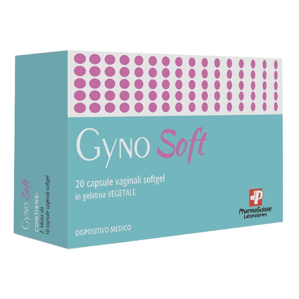 Scatola turchese con scritta rosa Gyno Soft. Contiene 20 capsule vaginali. Logo PharmaSuisse Laboratories.