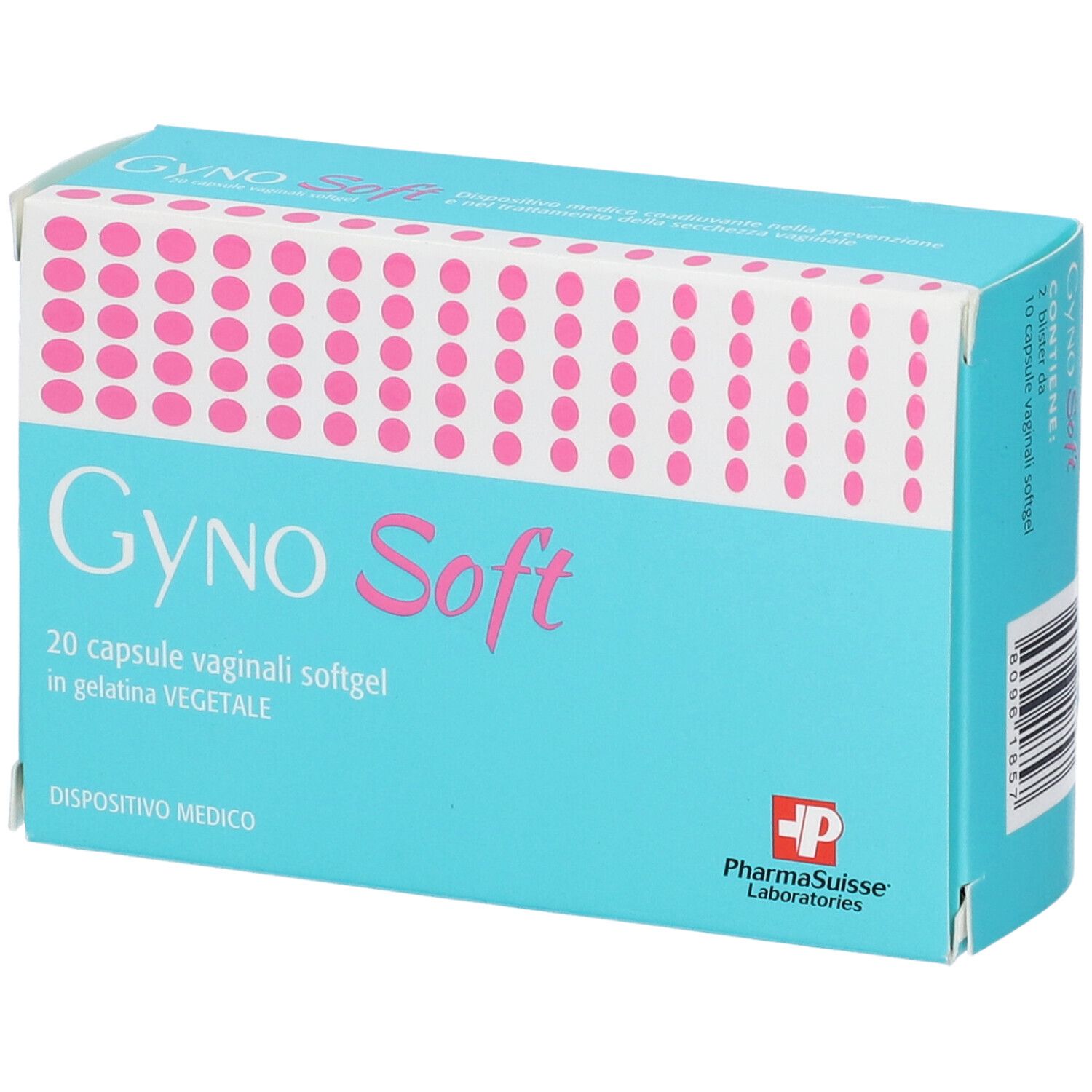 Scatola turchese con scritta rosa Gyno Soft. Contiene 20 capsule vaginali. Logo PharmaSuisse Laboratories.