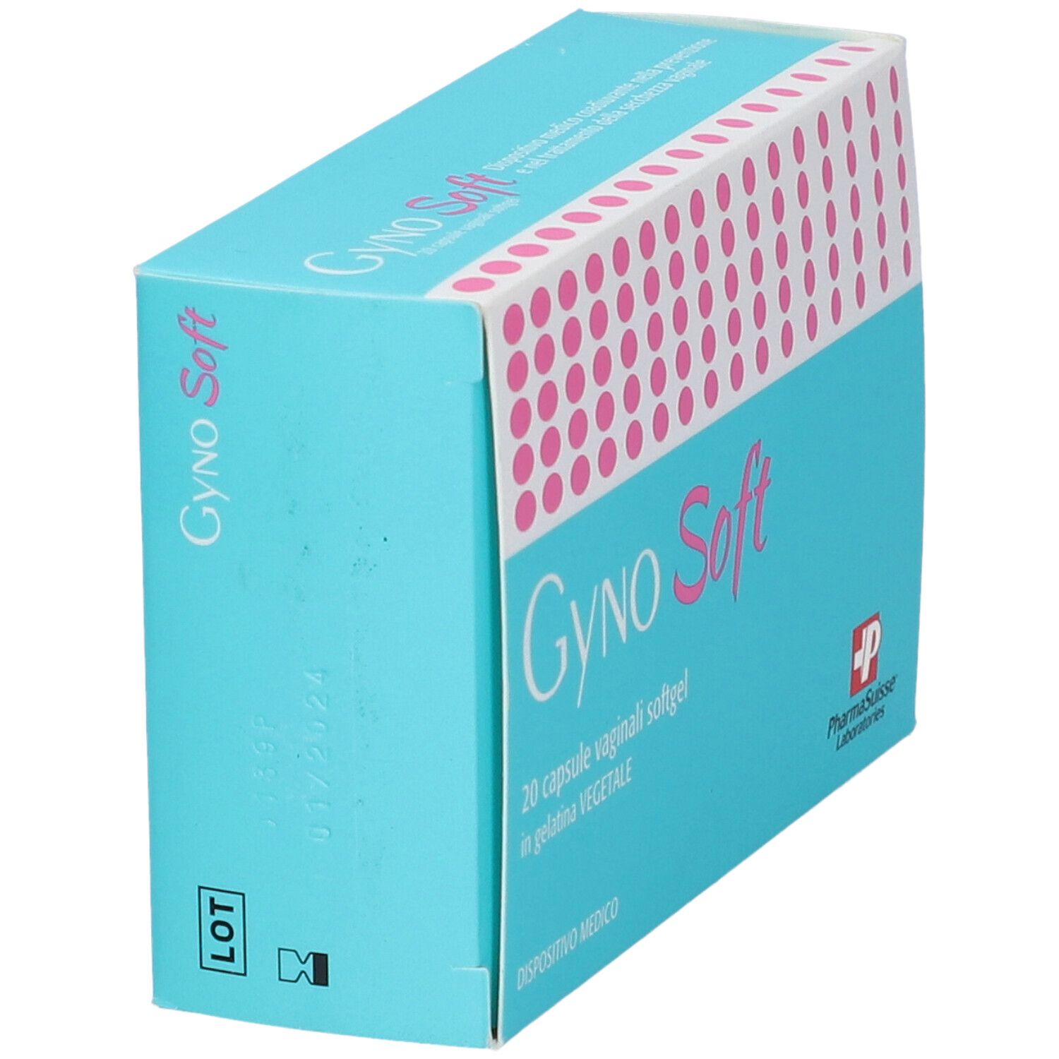 Scatola turchese con scritta rosa Gyno Soft. Contiene 20 capsule vaginali. Logo PharmaSuisse Laboratories.
