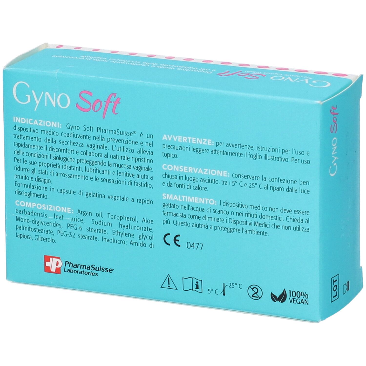 Scatola turchese con scritta rosa Gyno Soft. Contiene 20 capsule vaginali. Logo PharmaSuisse Laboratories.