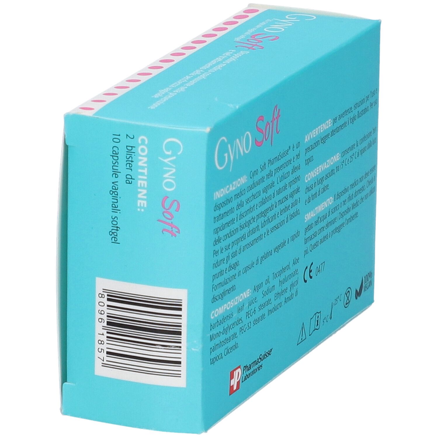 Scatola turchese con scritta rosa Gyno Soft. Contiene 20 capsule vaginali. Logo PharmaSuisse Laboratories.