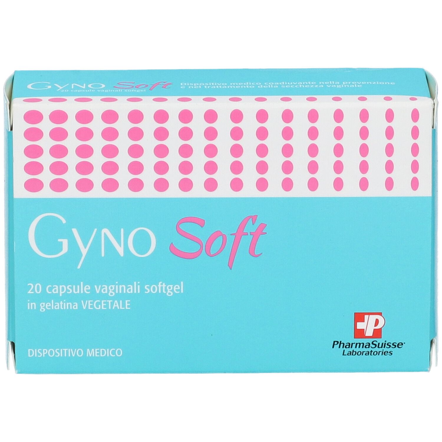 Scatola turchese con scritta rosa Gyno Soft. Contiene 20 capsule vaginali. Logo PharmaSuisse Laboratories.
