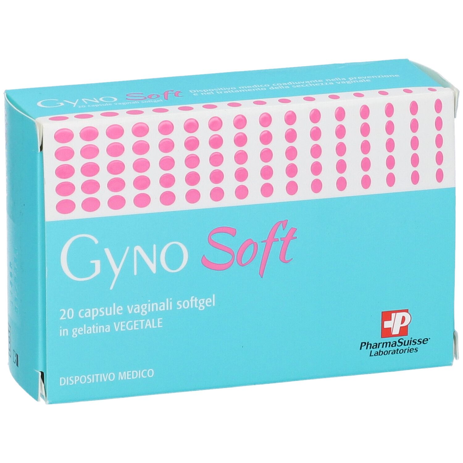 Scatola turchese con scritta rosa Gyno Soft. Contiene 20 capsule vaginali. Logo PharmaSuisse Laboratories.