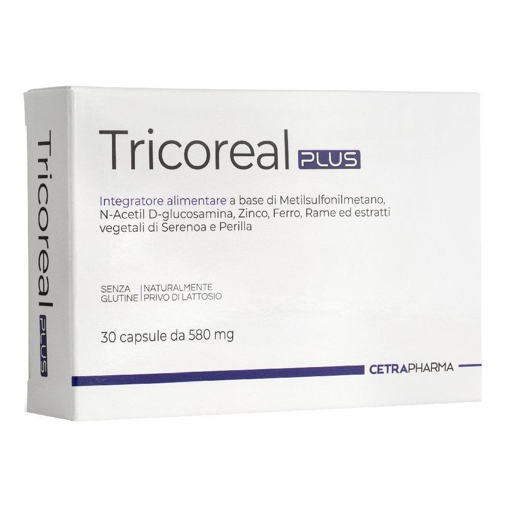 Scatola bianca con logo "Tricoreal PLUS". Contiene 30 capsule. Testo in italiano.